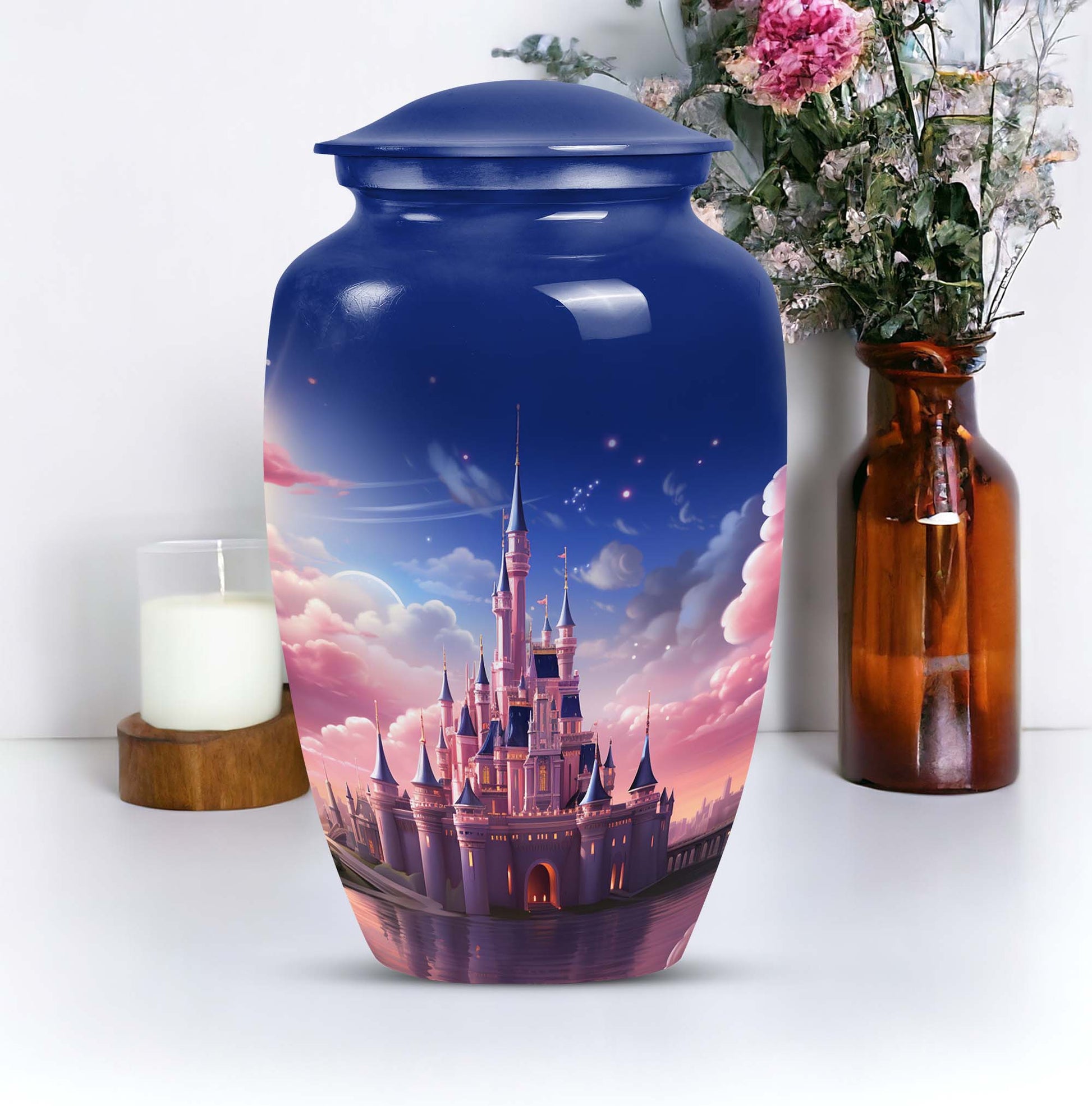 Dream Castle in the Sky design burial urn for adult human ashes emphasizing its unique cremation urn aspect.