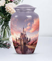 Miniature funeral urn featuring a dreamy castle design, suitable for storing ashes of a beloved adult