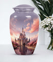 Miniature funeral urn featuring a dreamy castle design, suitable for storing ashes of a beloved adult