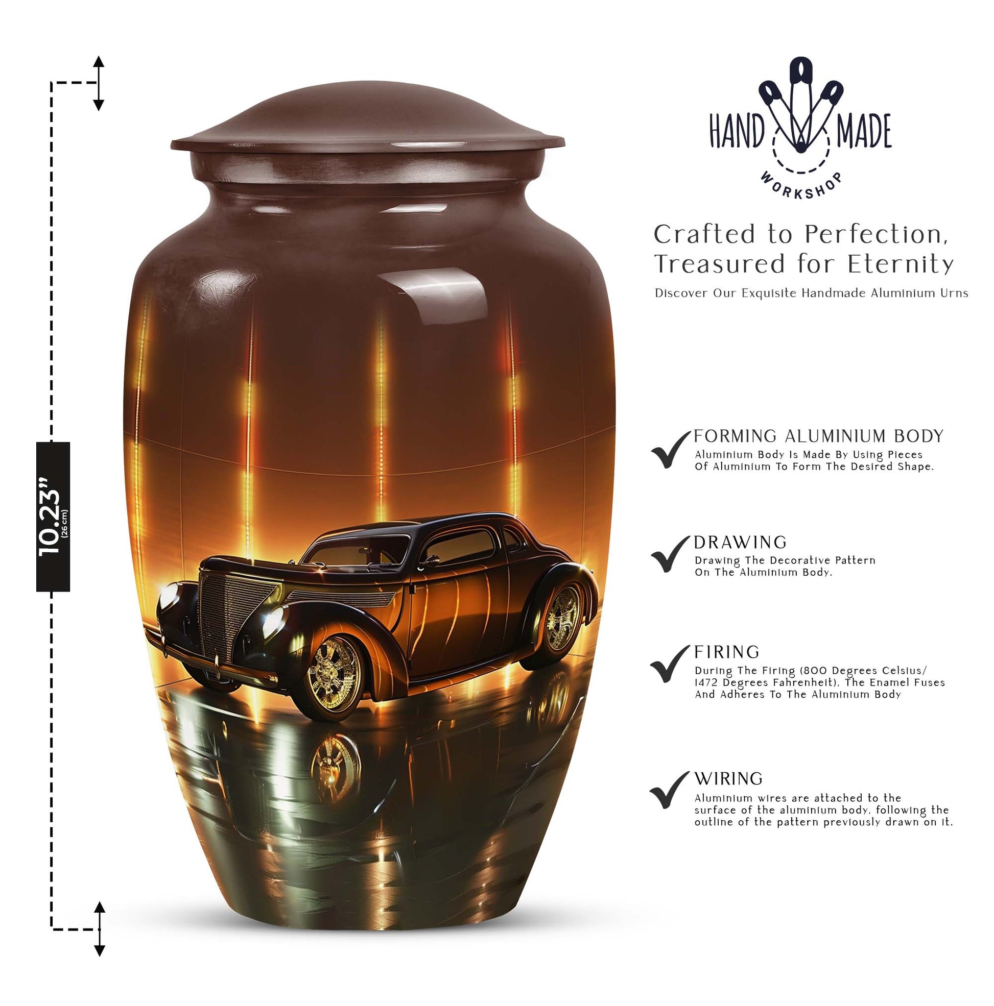 Classic car urn in golden era glow finish for adult cremation and ashes keepsake