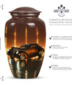 Classic car urn in golden era glow finish for adult cremation and ashes keepsake