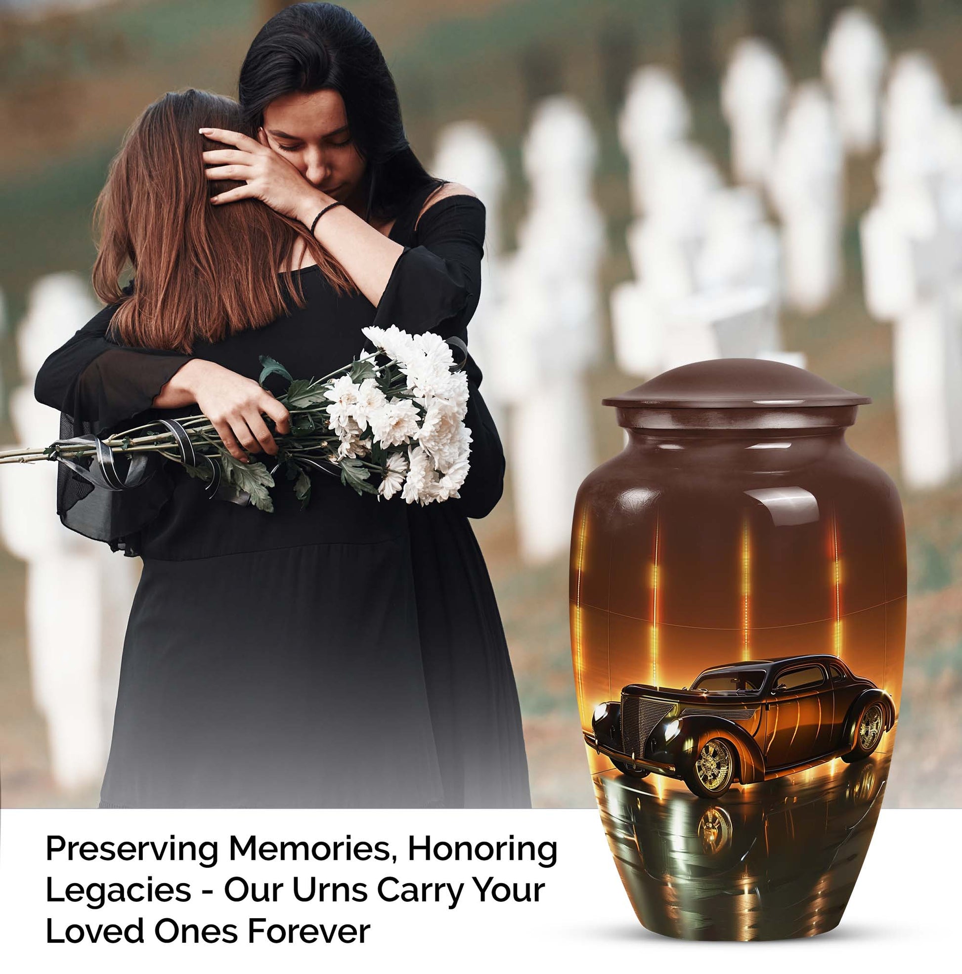 Classic car urn in golden era glow finish for adult cremation and ashes keepsake