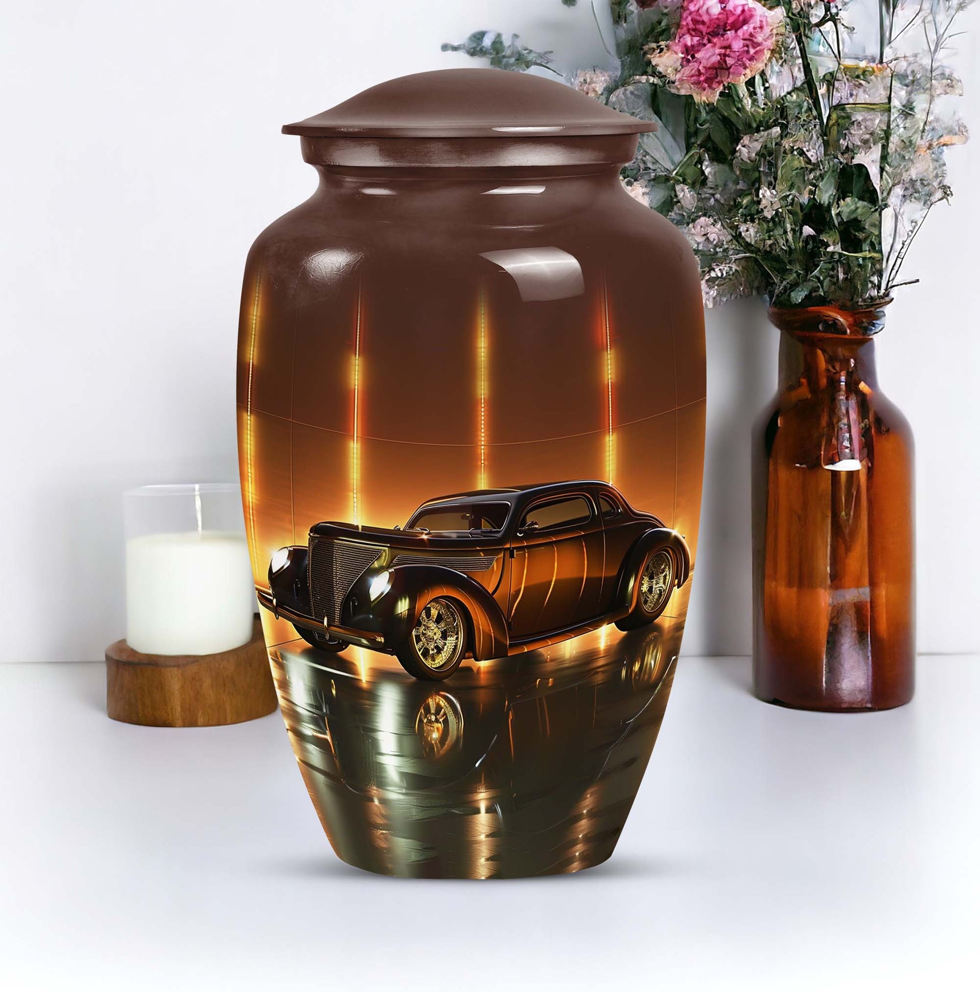 Classic car urn in golden era glow finish for adult cremation and ashes keepsake