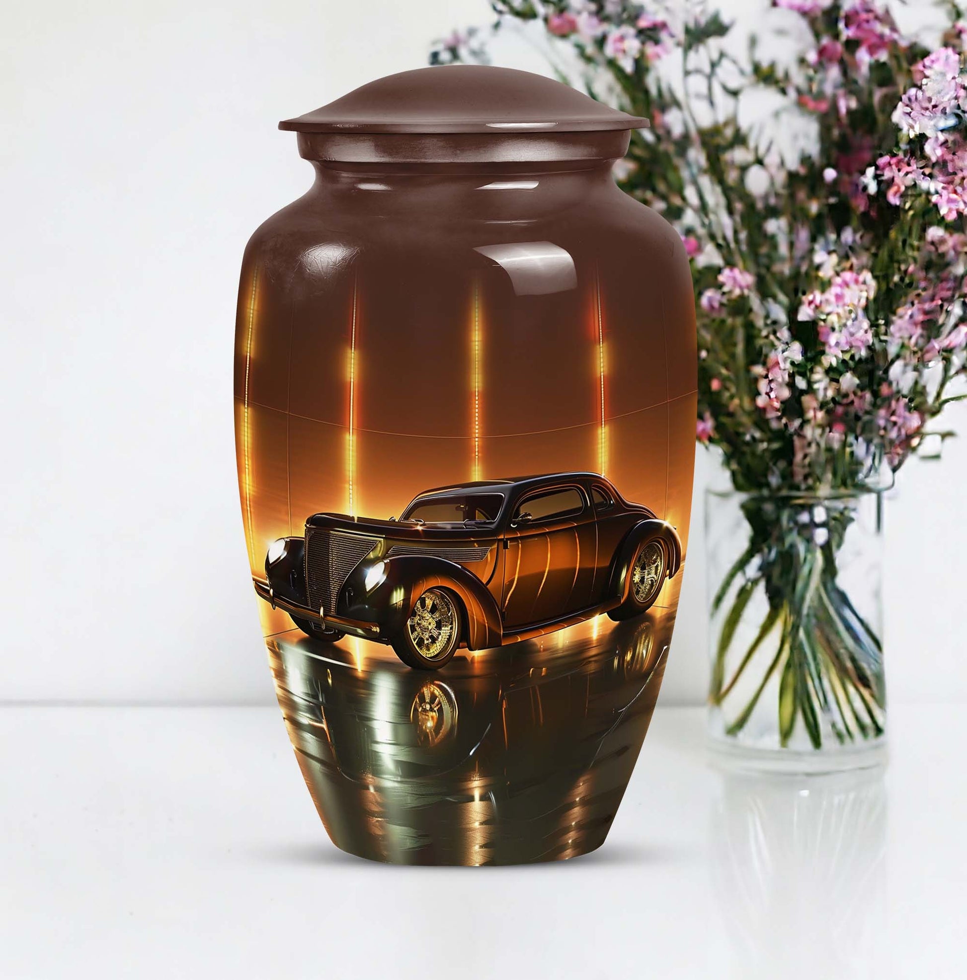 Classic car urn in golden era glow finish for adult cremation and ashes keepsake