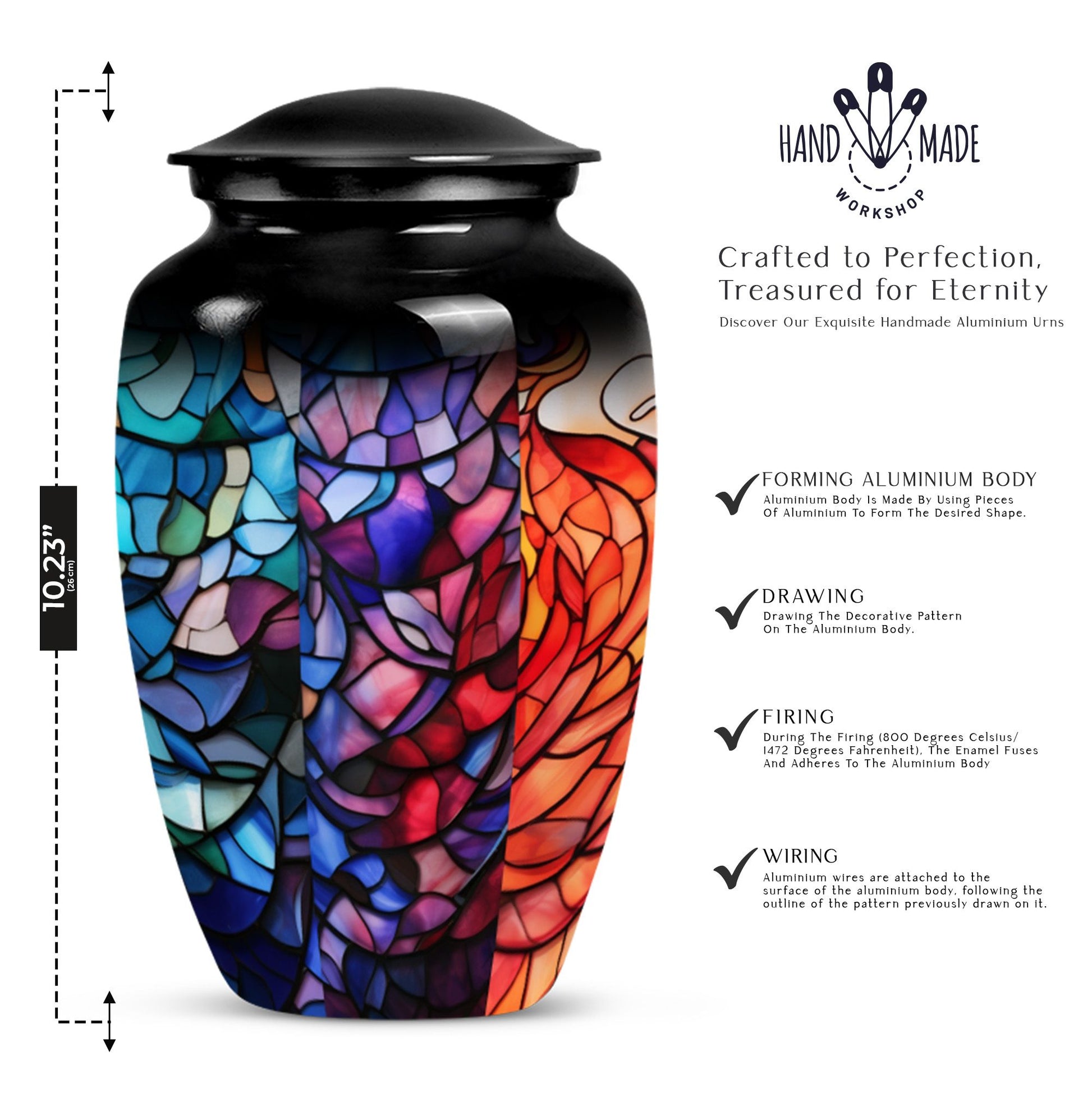 10 inch classic stained glass urn,.