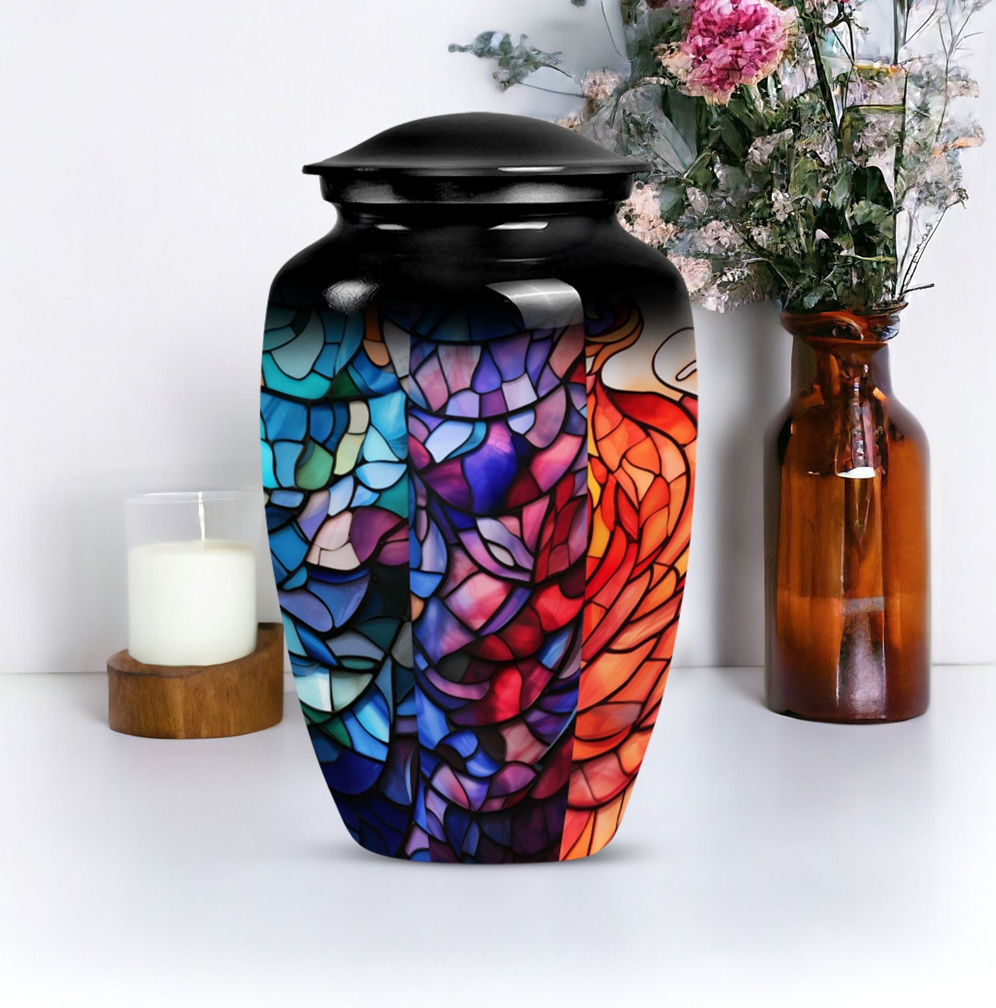 10 inch classic stained glass urn,.