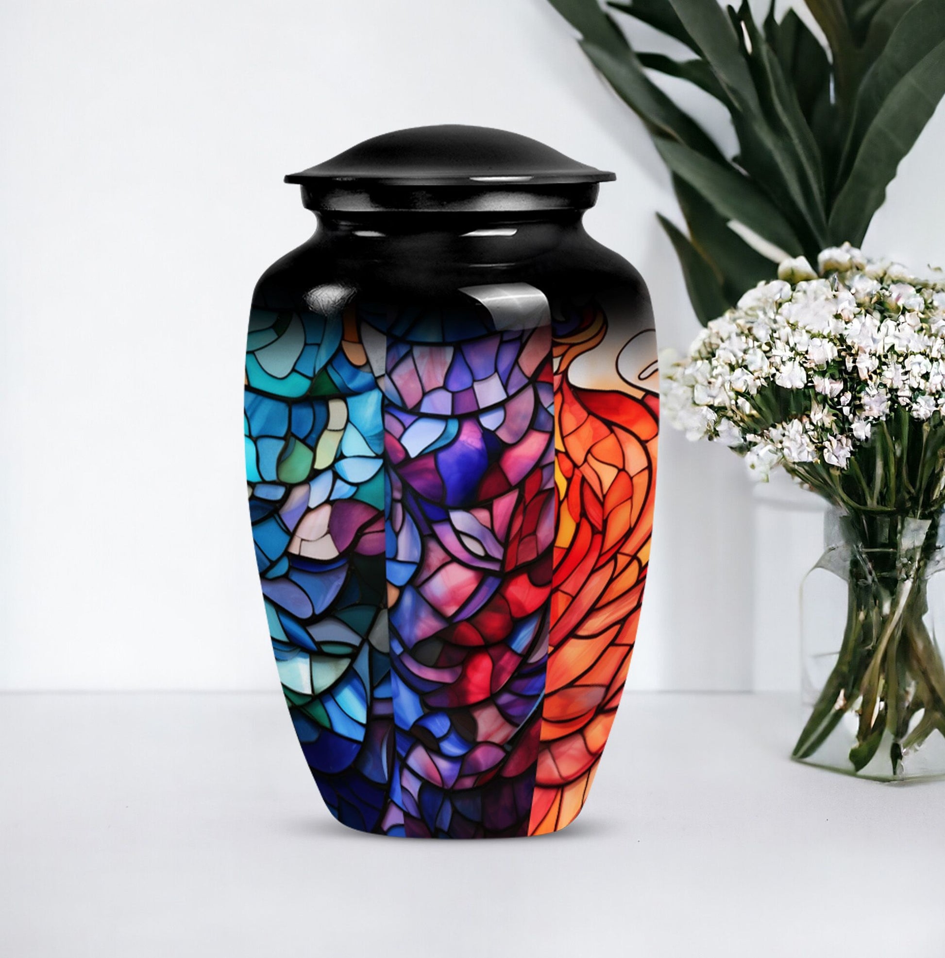 10 inch classic stained glass urn,.