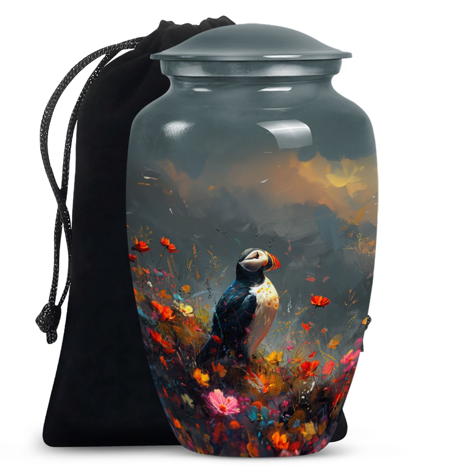 Puffin Bird urn for adult female cremation ashes.