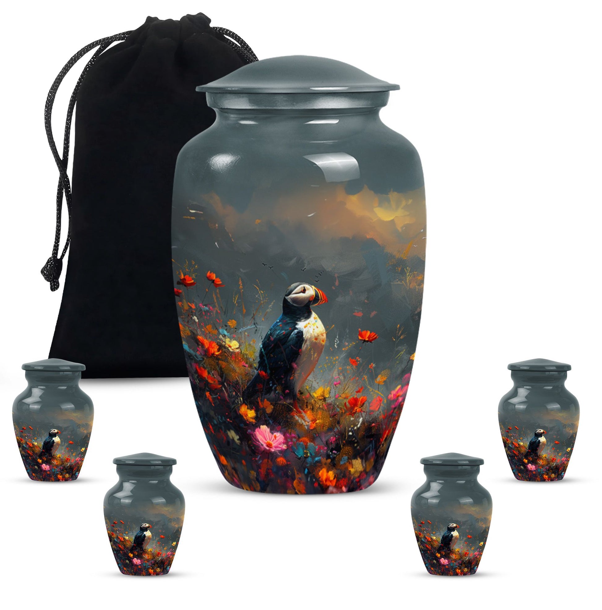 Puffin Bird urn for adult female cremation ashes.