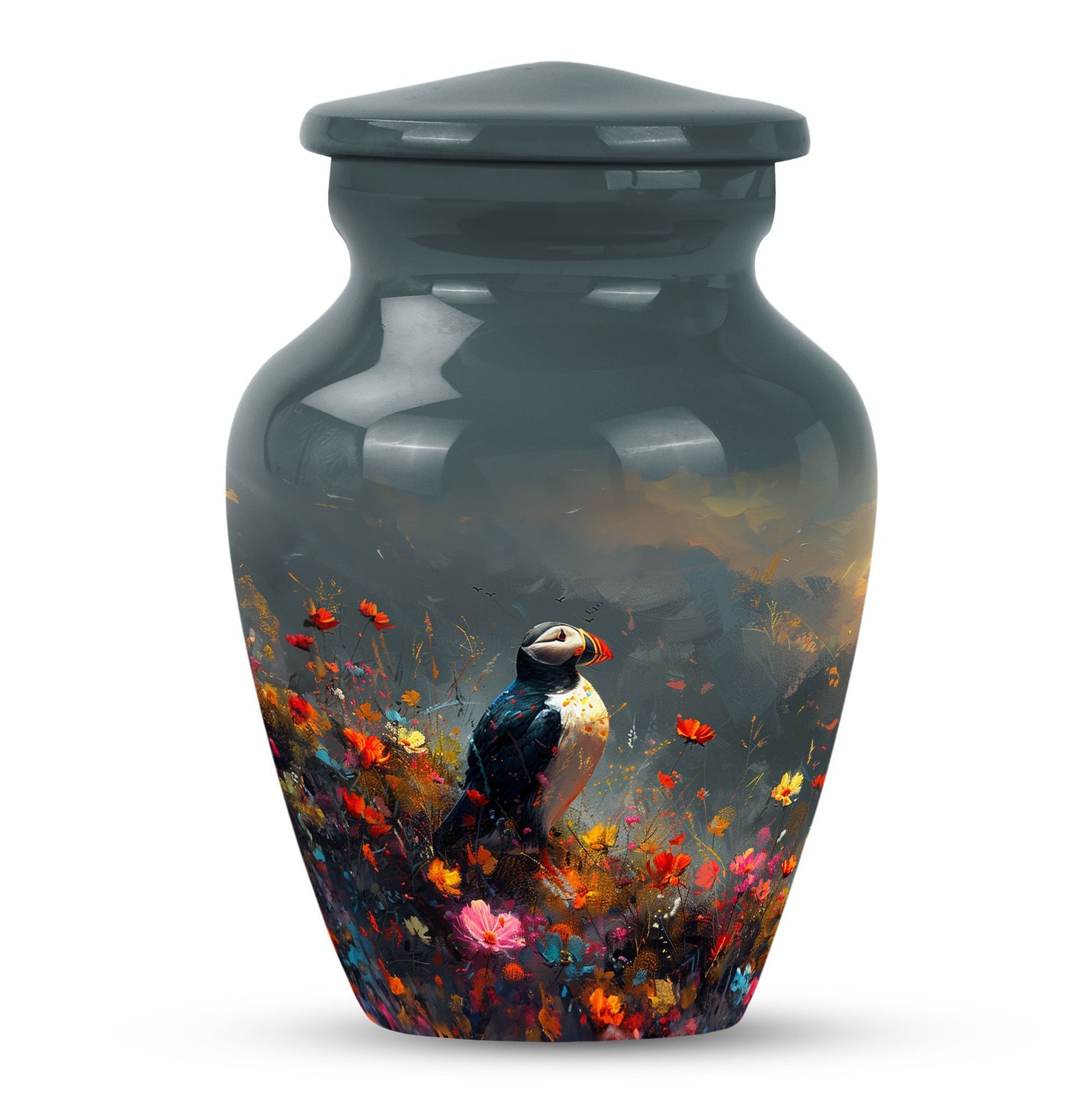 Puffin Bird urn for adult female cremation ashes.