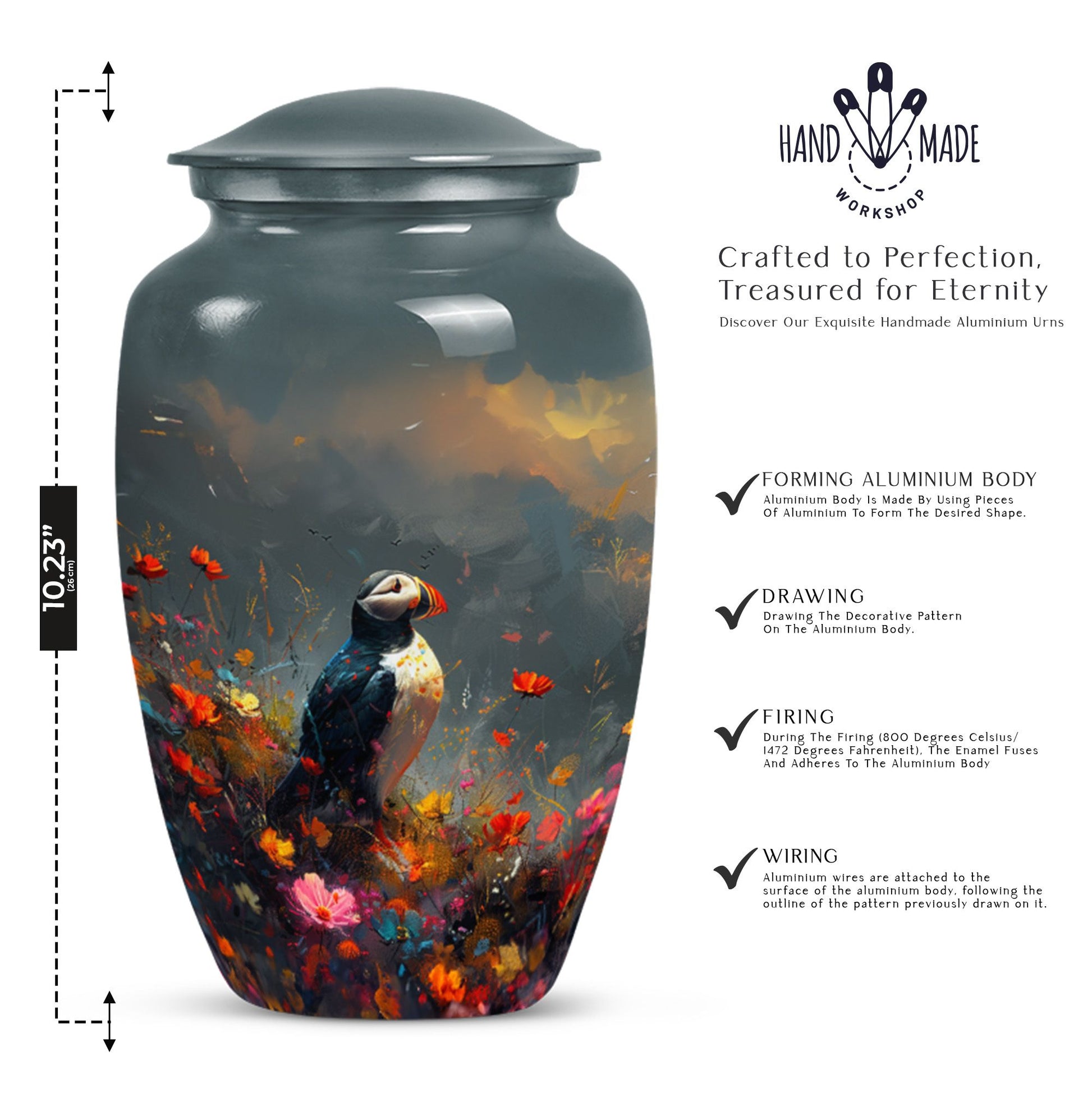 Puffin Bird urn for adult female cremation ashes.