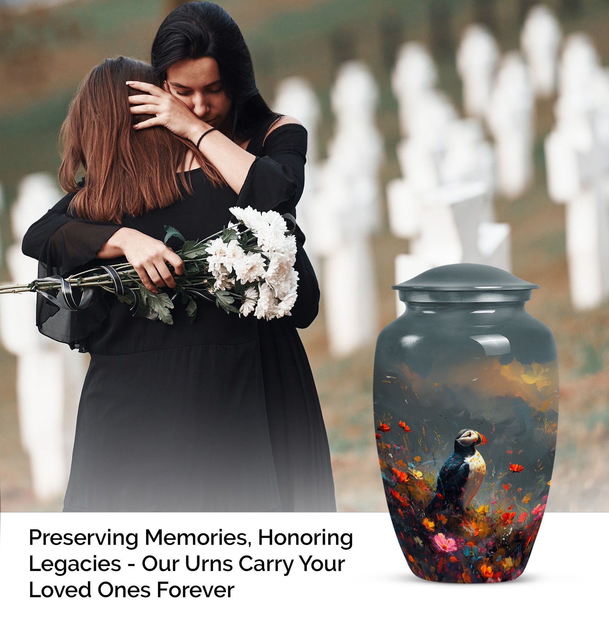 Puffin Bird urn for adult female cremation ashes.