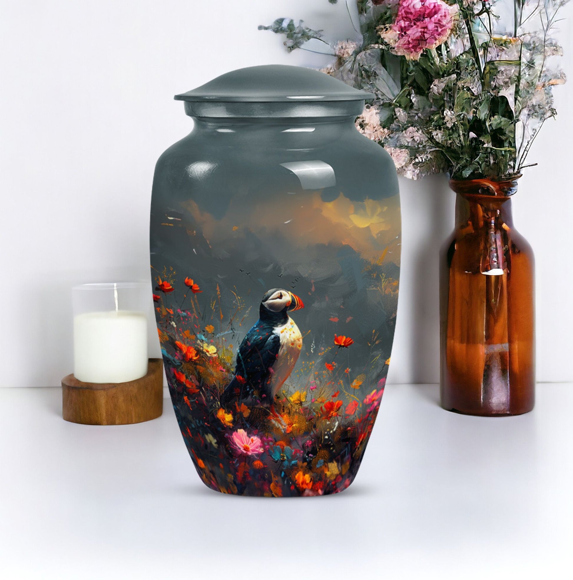 Puffin Bird urn for adult female cremation ashes.