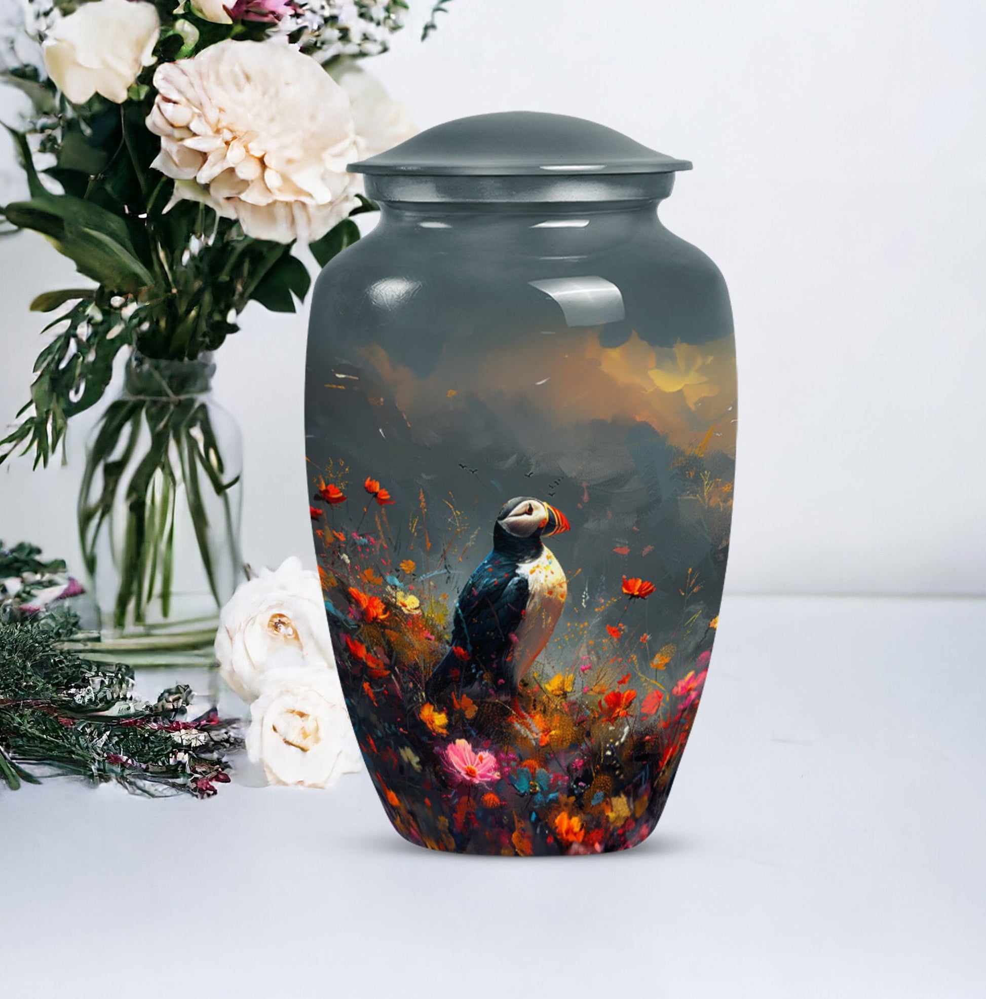 Puffin Bird urn for adult female cremation ashes.