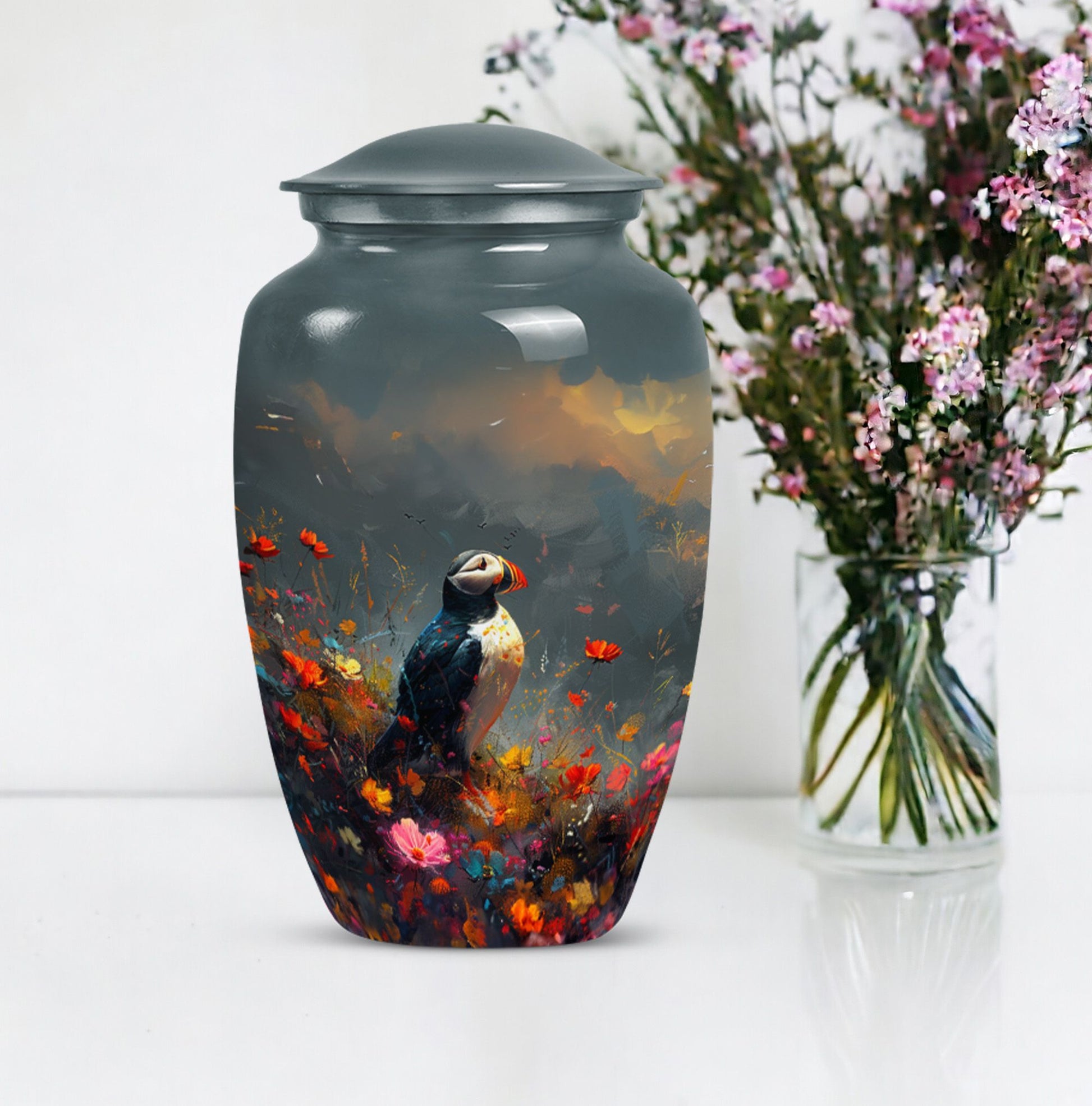 Puffin Bird urn for adult female cremation ashes.