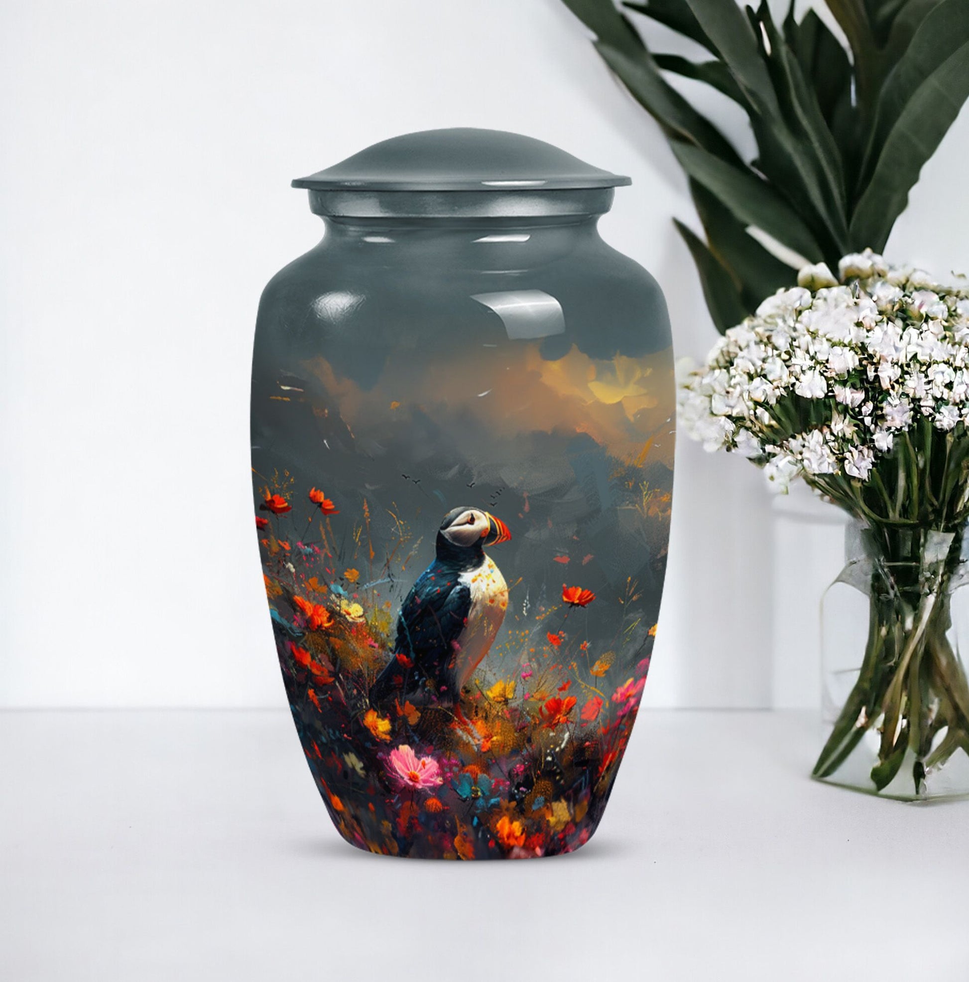 Puffin Bird urn for adult female cremation ashes.