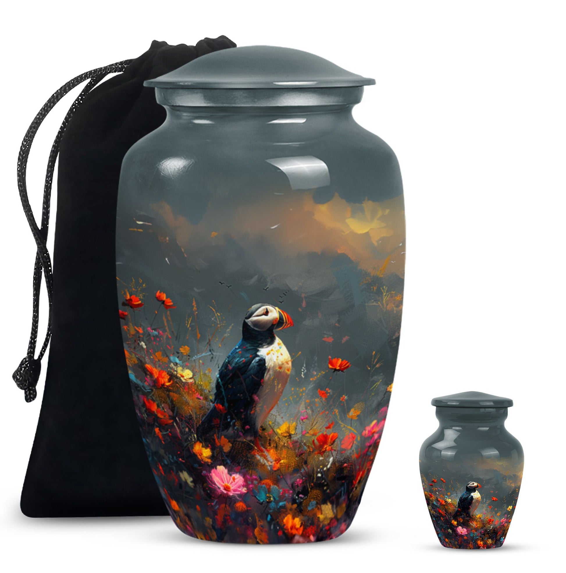 Puffin Bird urn for adult female cremation ashes.