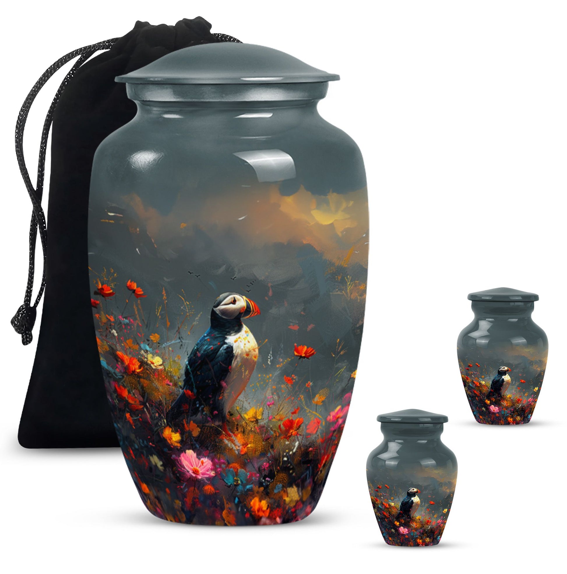 Puffin Bird urn for adult female cremation ashes.