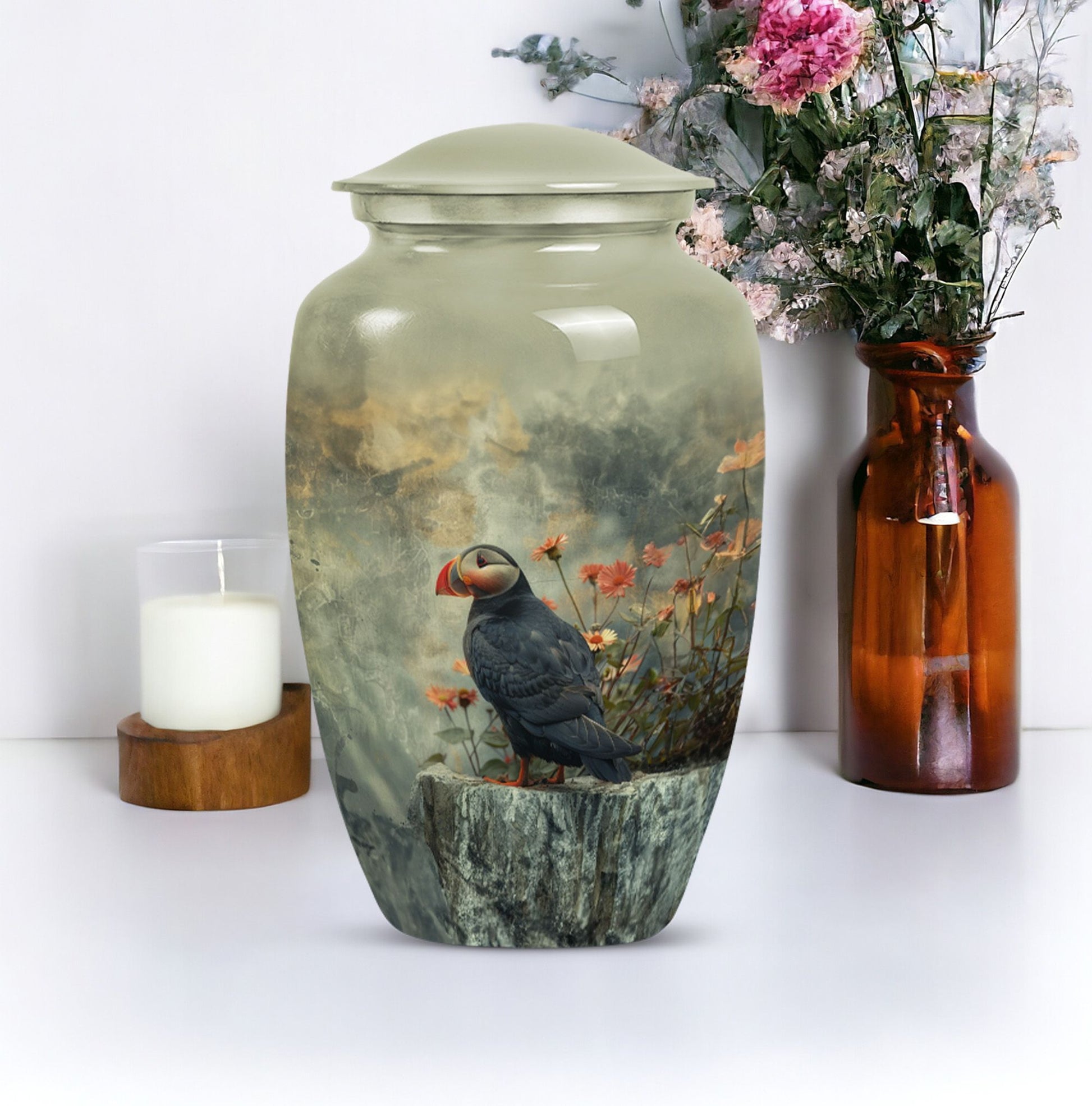 puffin bird design cremation large urn for burial ashes