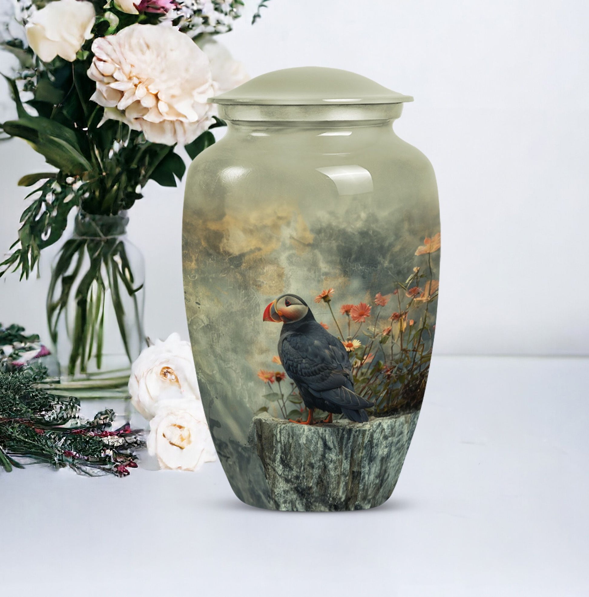 puffin bird design cremation large urn for burial ashes