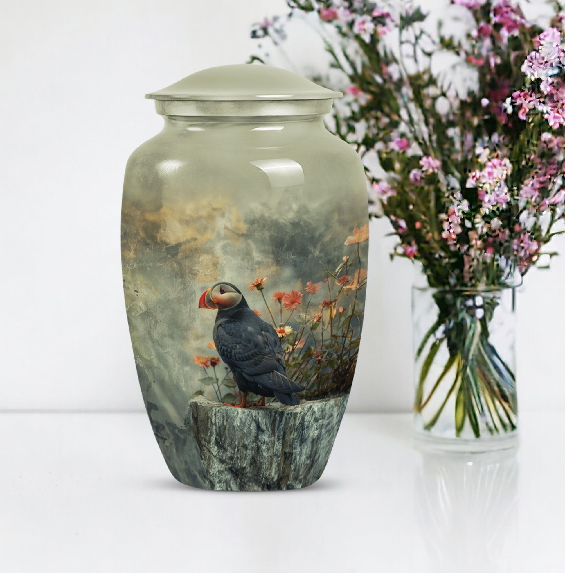 puffin bird design cremation large urn for burial ashes