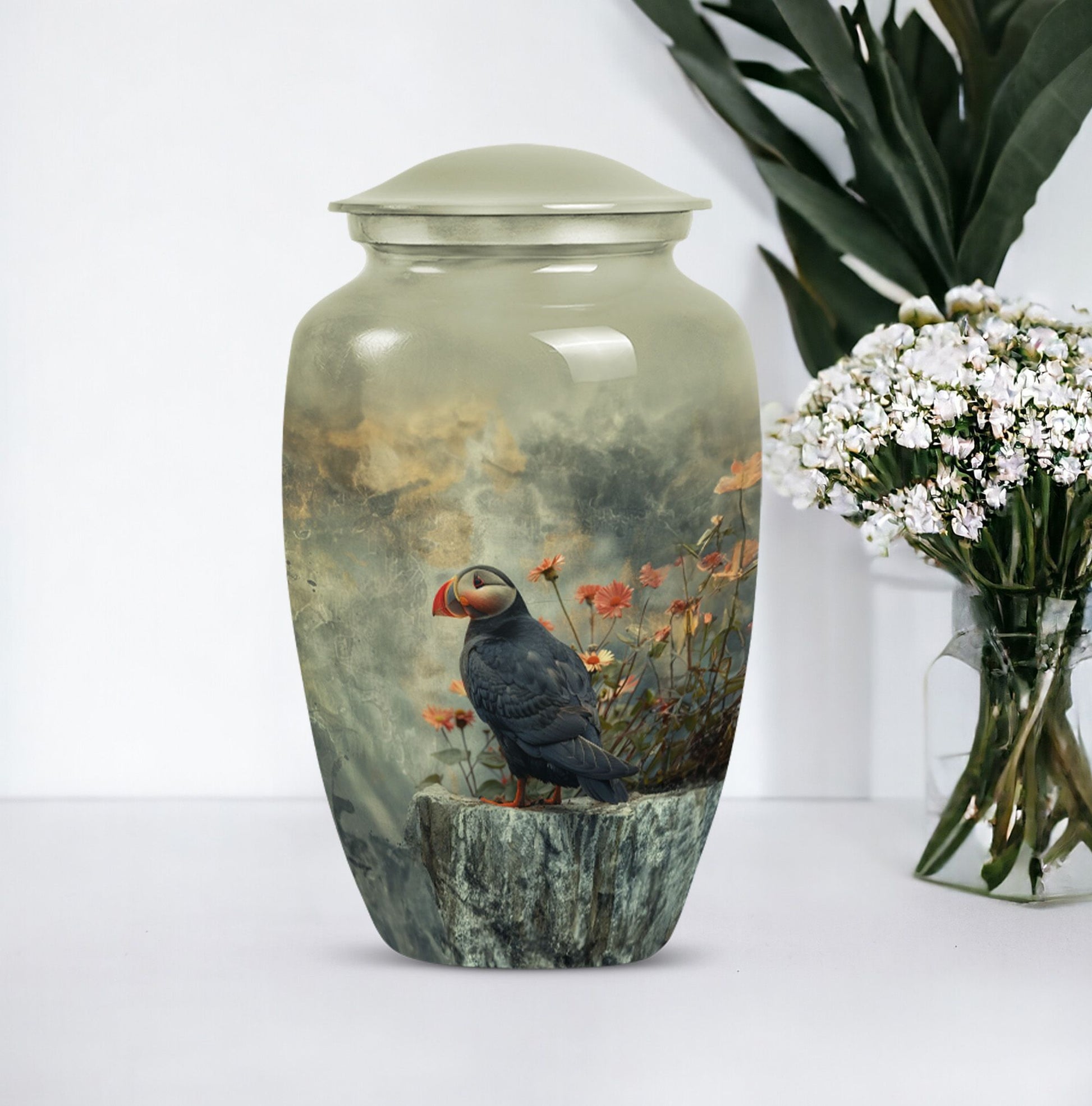 puffin bird design cremation large urn for burial ashes