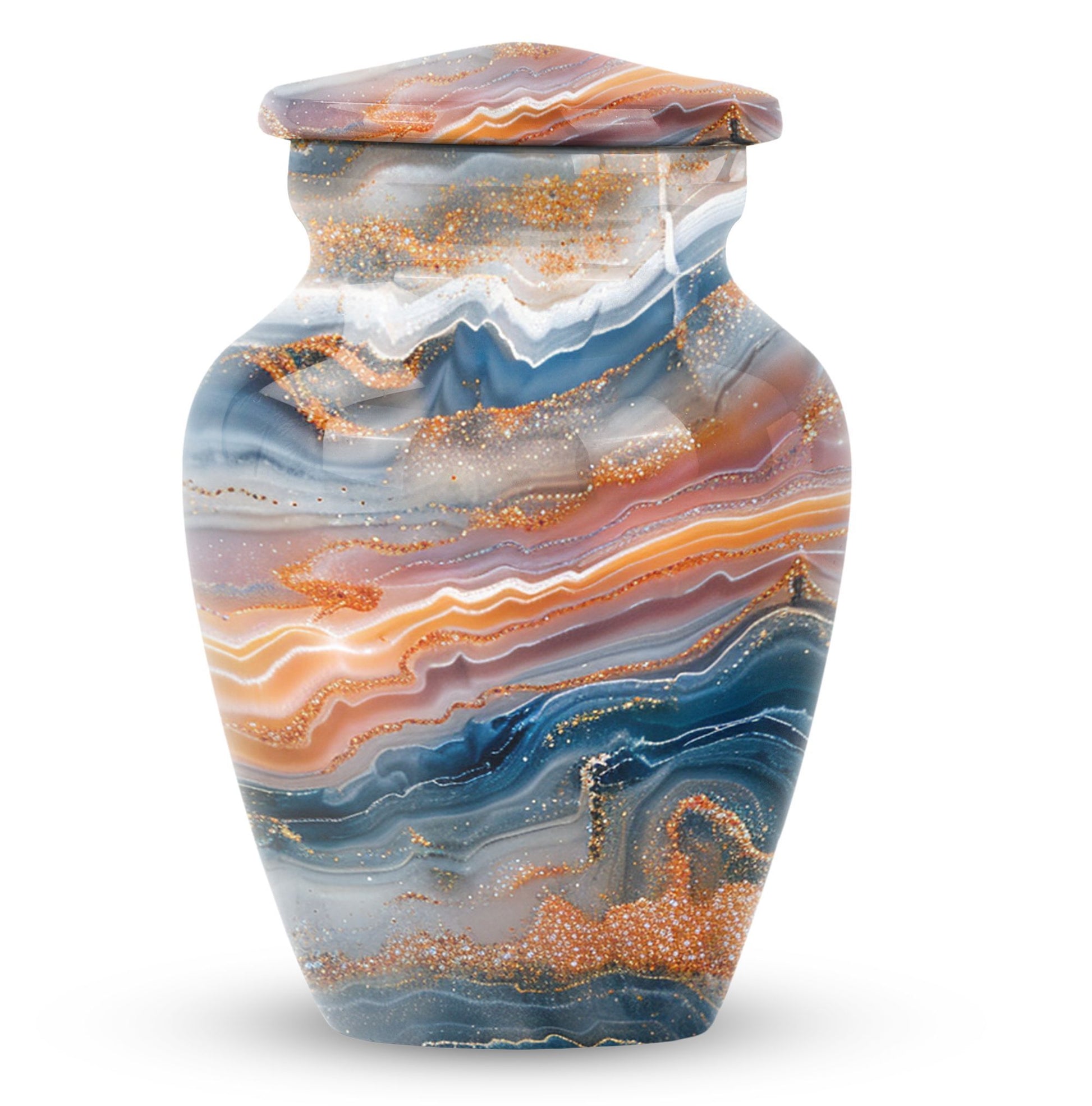 Vibrant Swirl urn for ashes with personalization option.