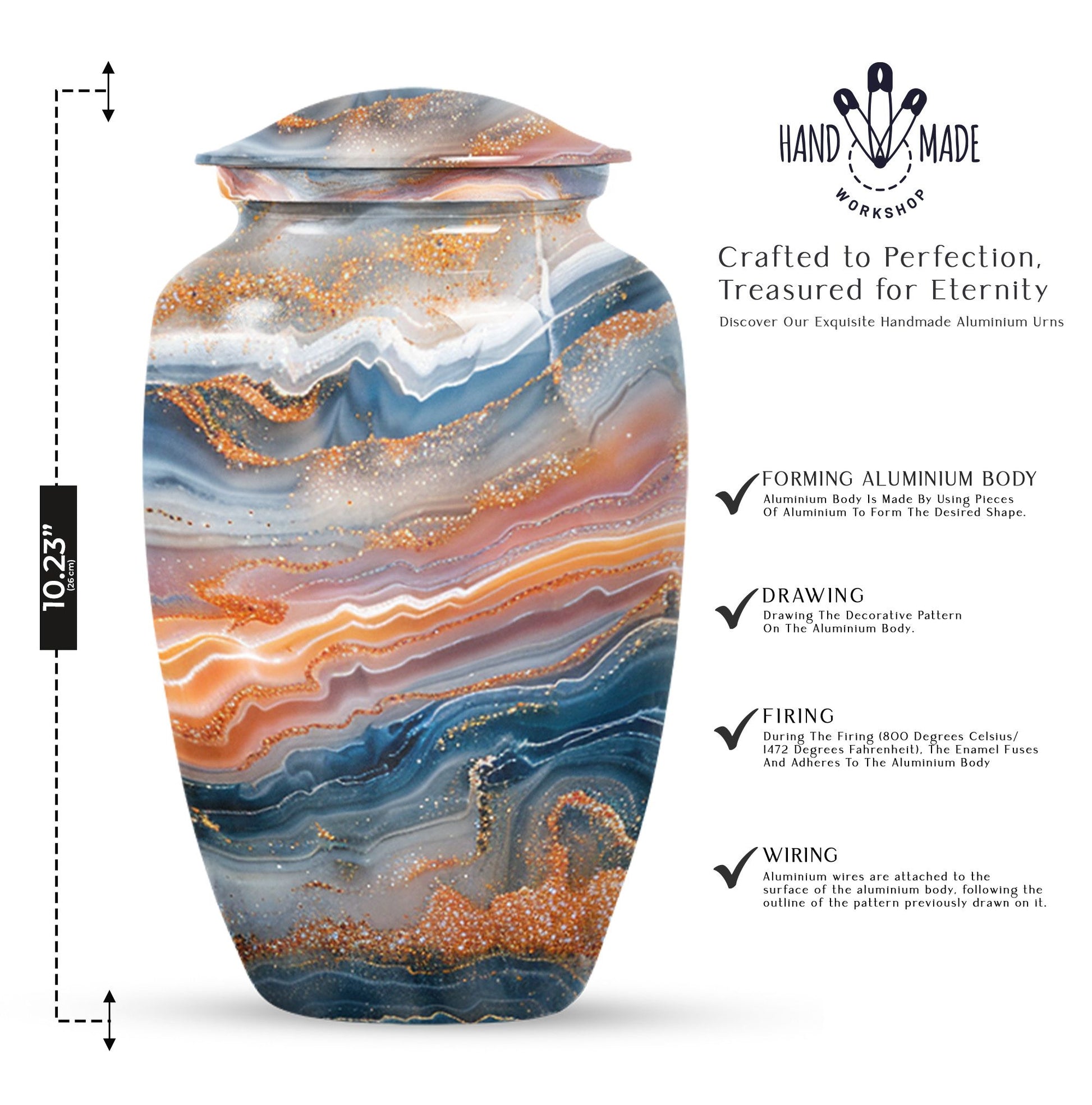 Vibrant Swirl urn for ashes with personalization option.