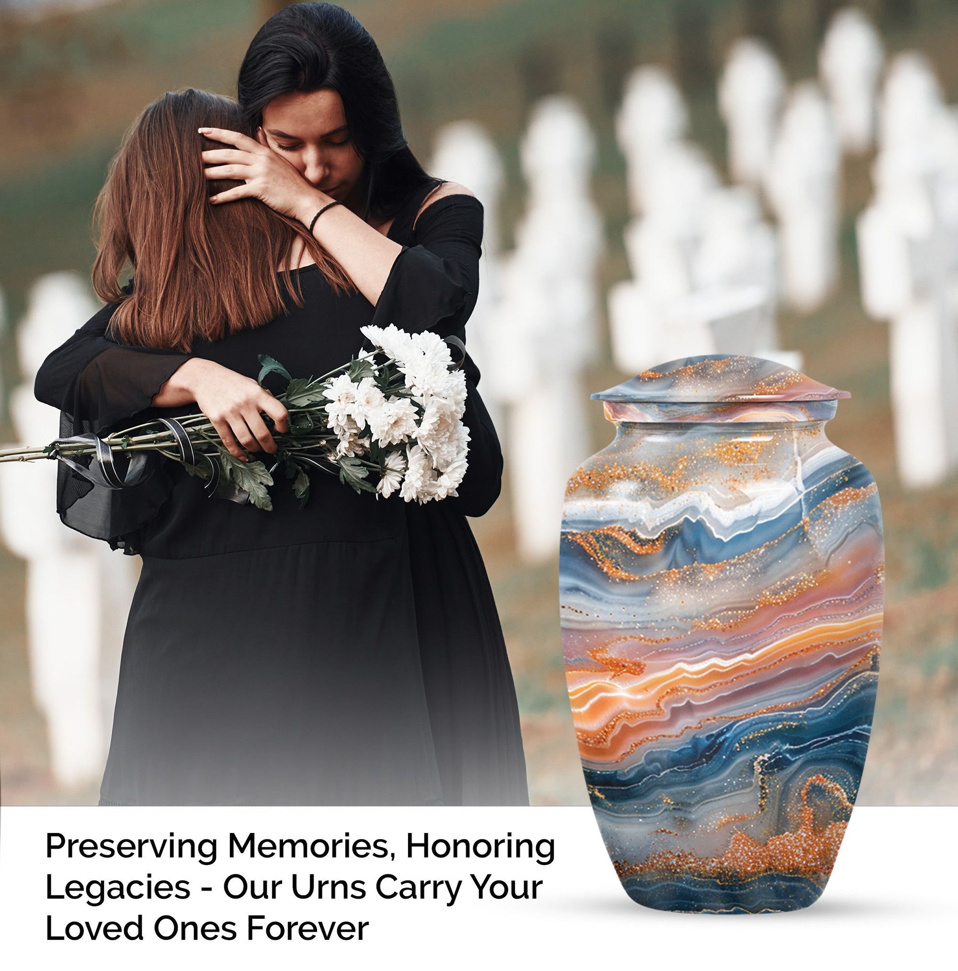 Vibrant Swirl urn for ashes with personalization option.