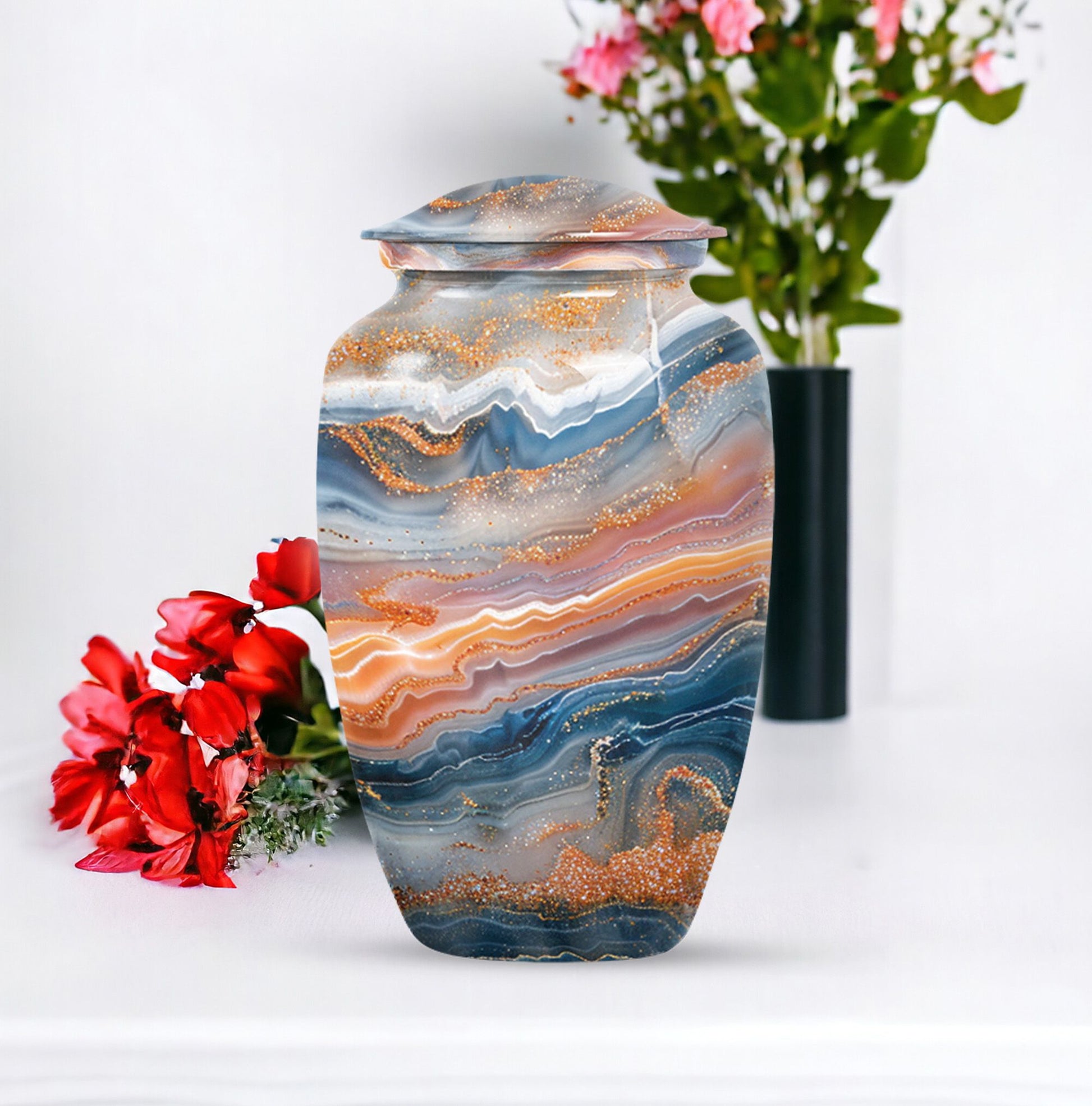 Vibrant Swirl urn for ashes with personalization option.