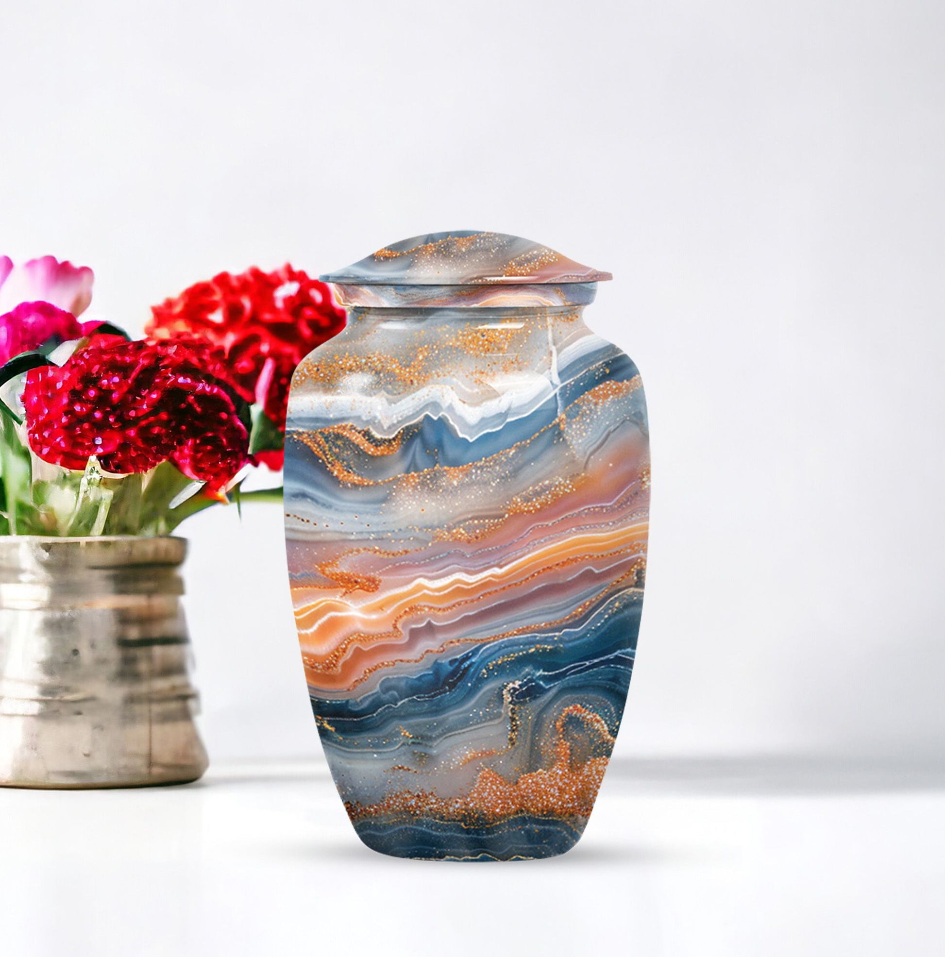 Vibrant Swirl urn for ashes with personalization option.