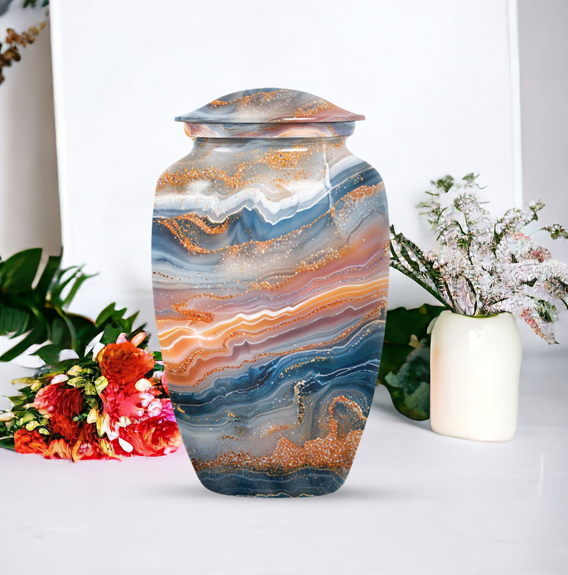 Vibrant Swirl urn for ashes with personalization option.