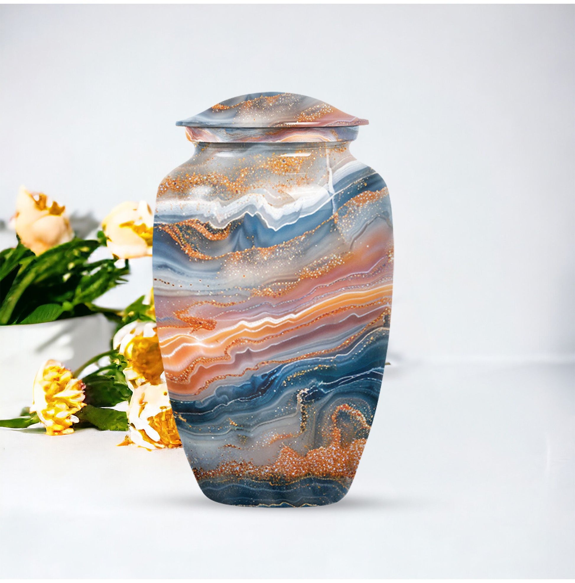 Vibrant Swirl urn for ashes with personalization option.