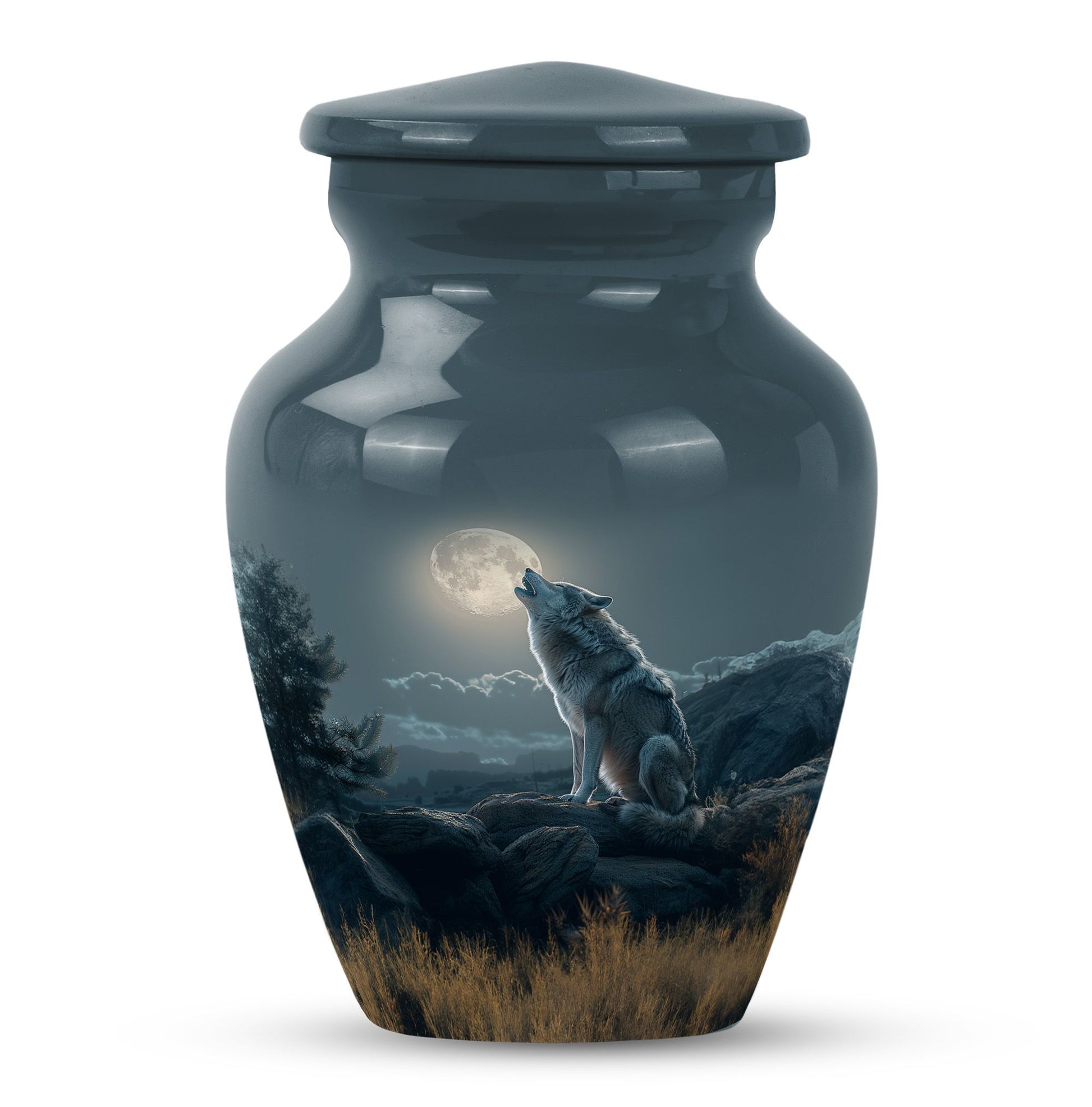 10-inch wolf howling memorial urn for burial, 