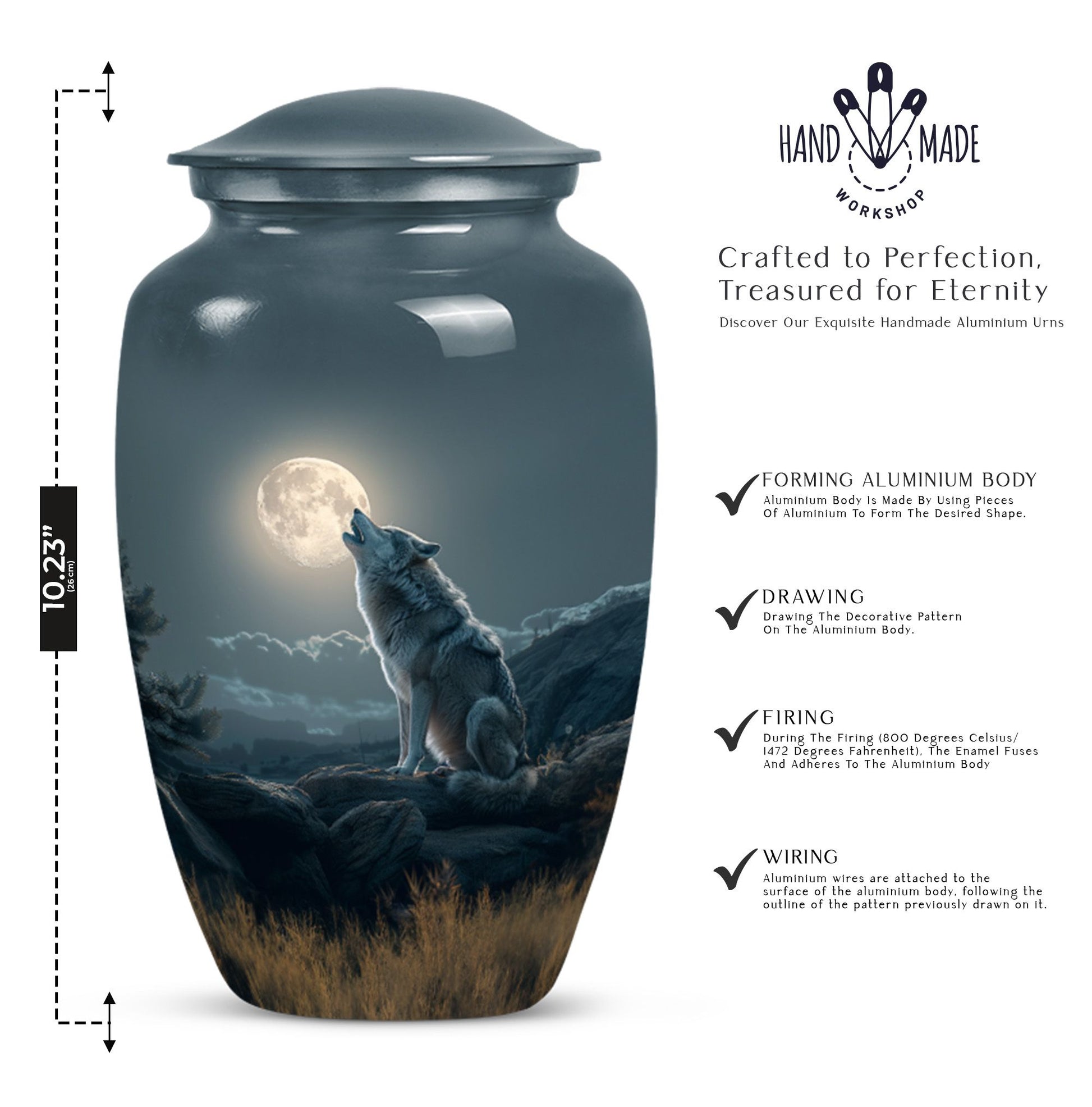 10-inch wolf howling memorial urn for burial, 