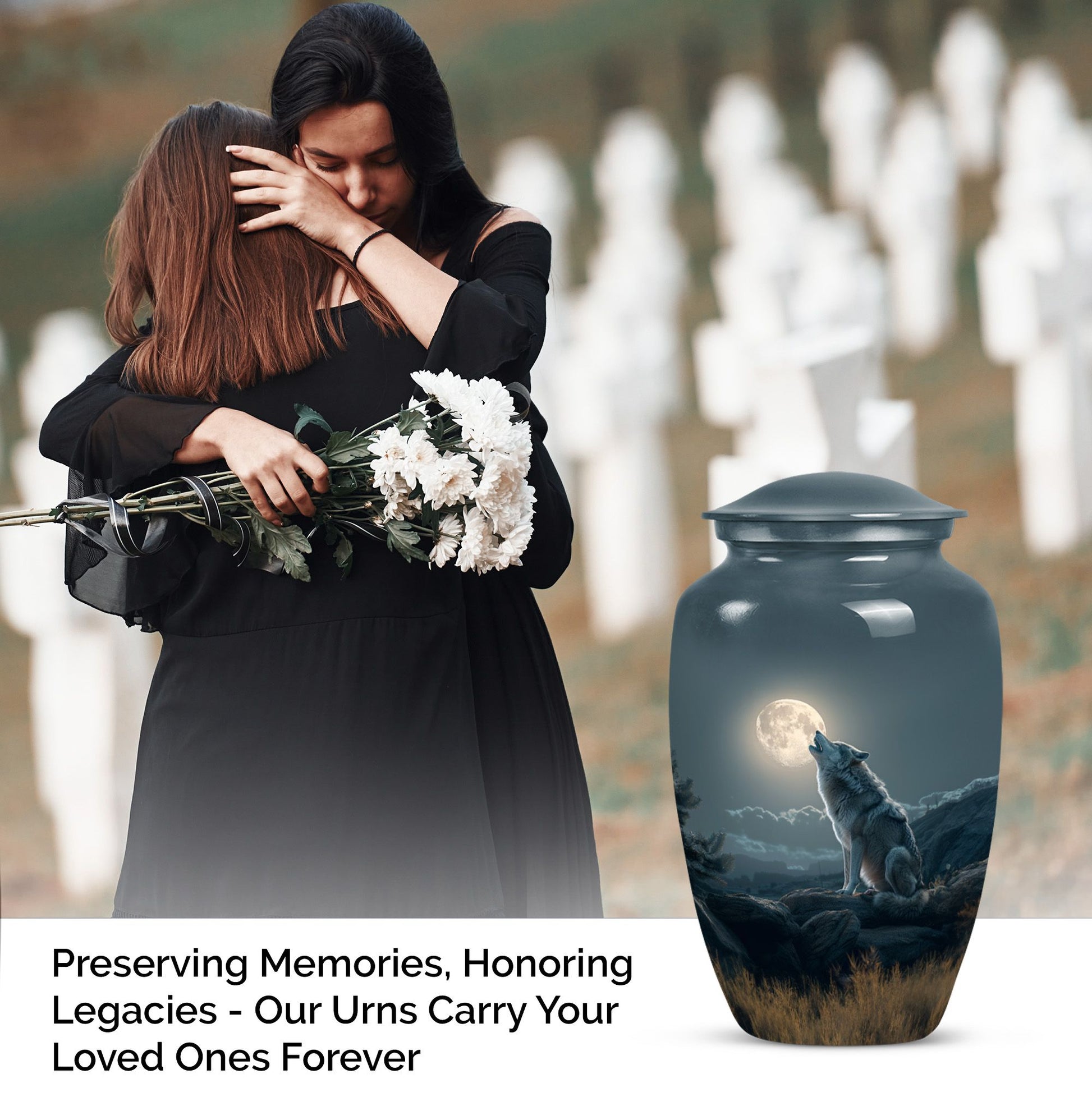 10-inch wolf howling memorial urn for burial, 