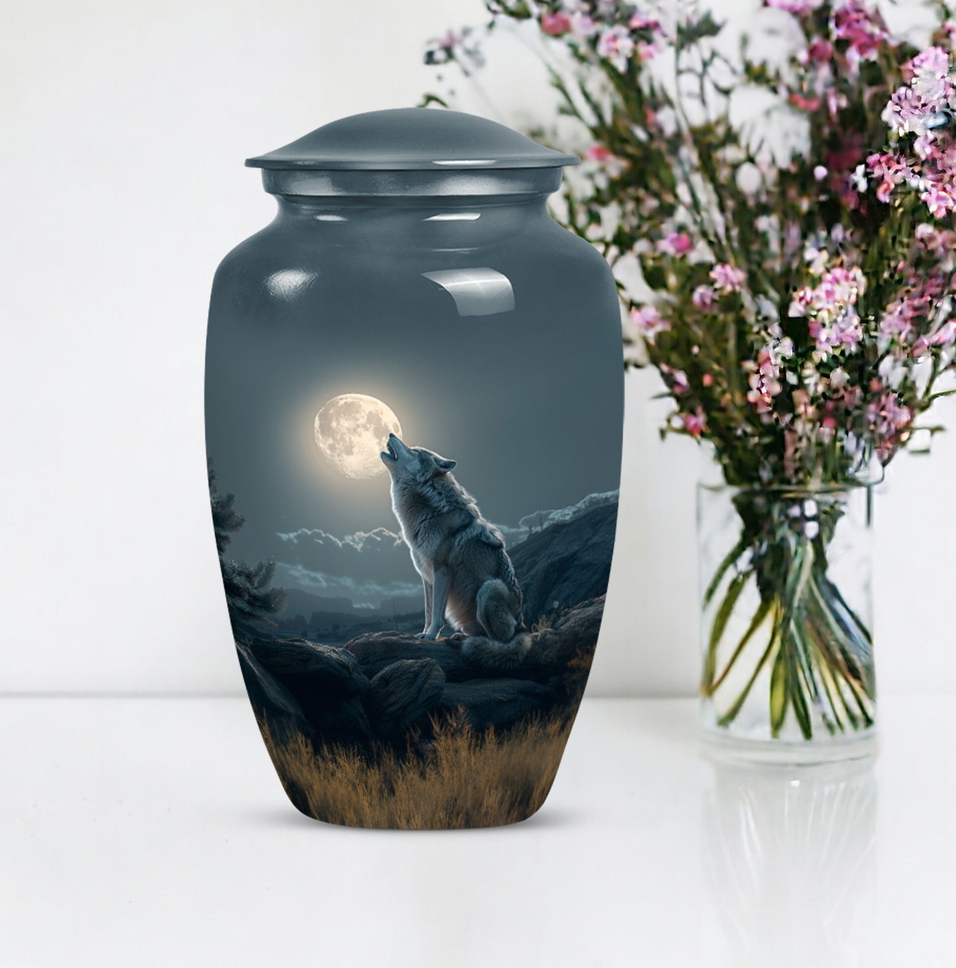 10-inch wolf howling memorial urn for burial, 