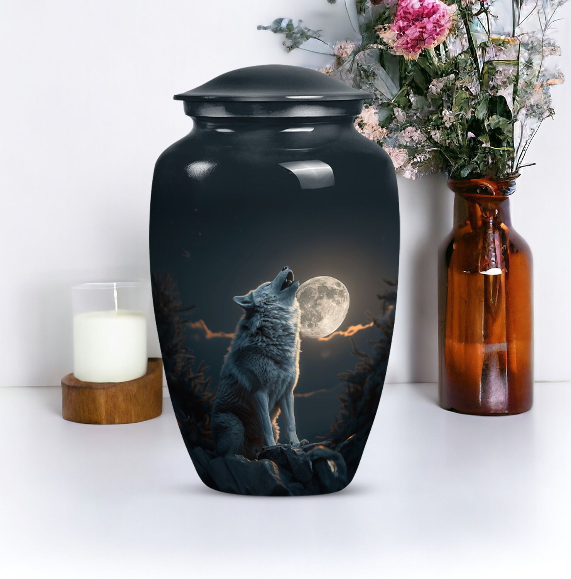 wolf howling urn for ashes, cremation urn