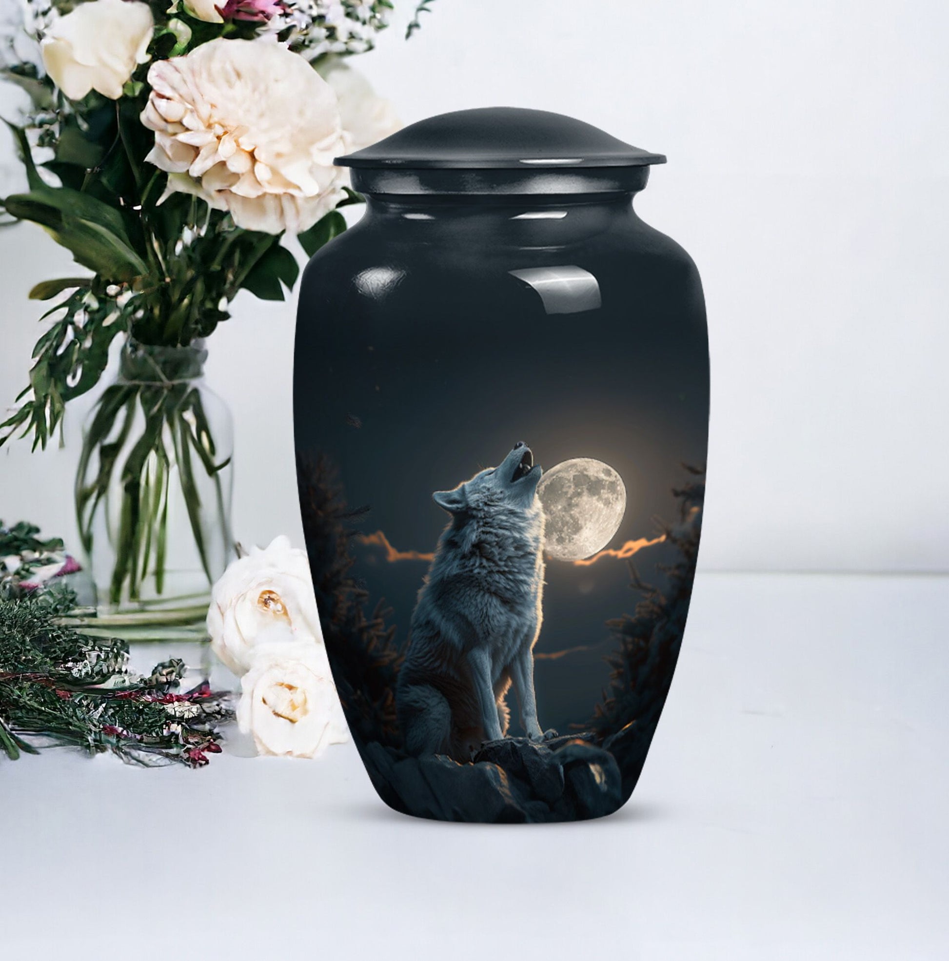 wolf howling urn for ashes, cremation urn