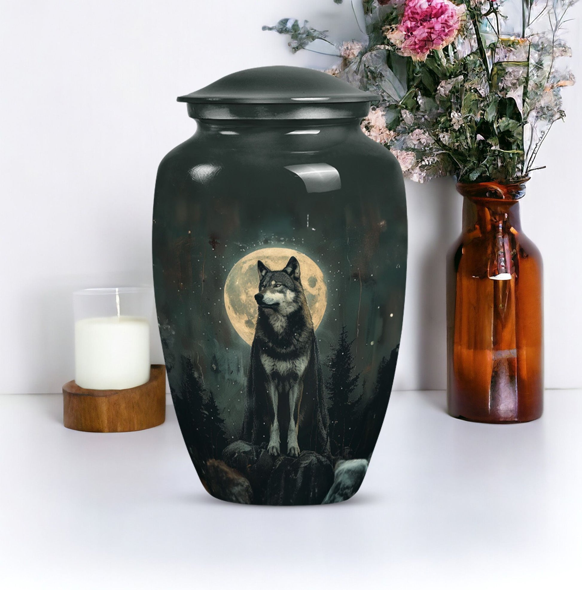 wolf howling urn, memorial urn for adult female