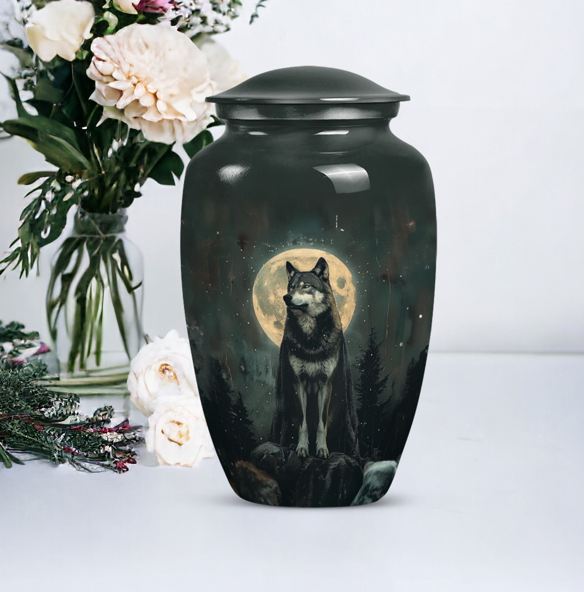 wolf howling urn, memorial urn for adult female