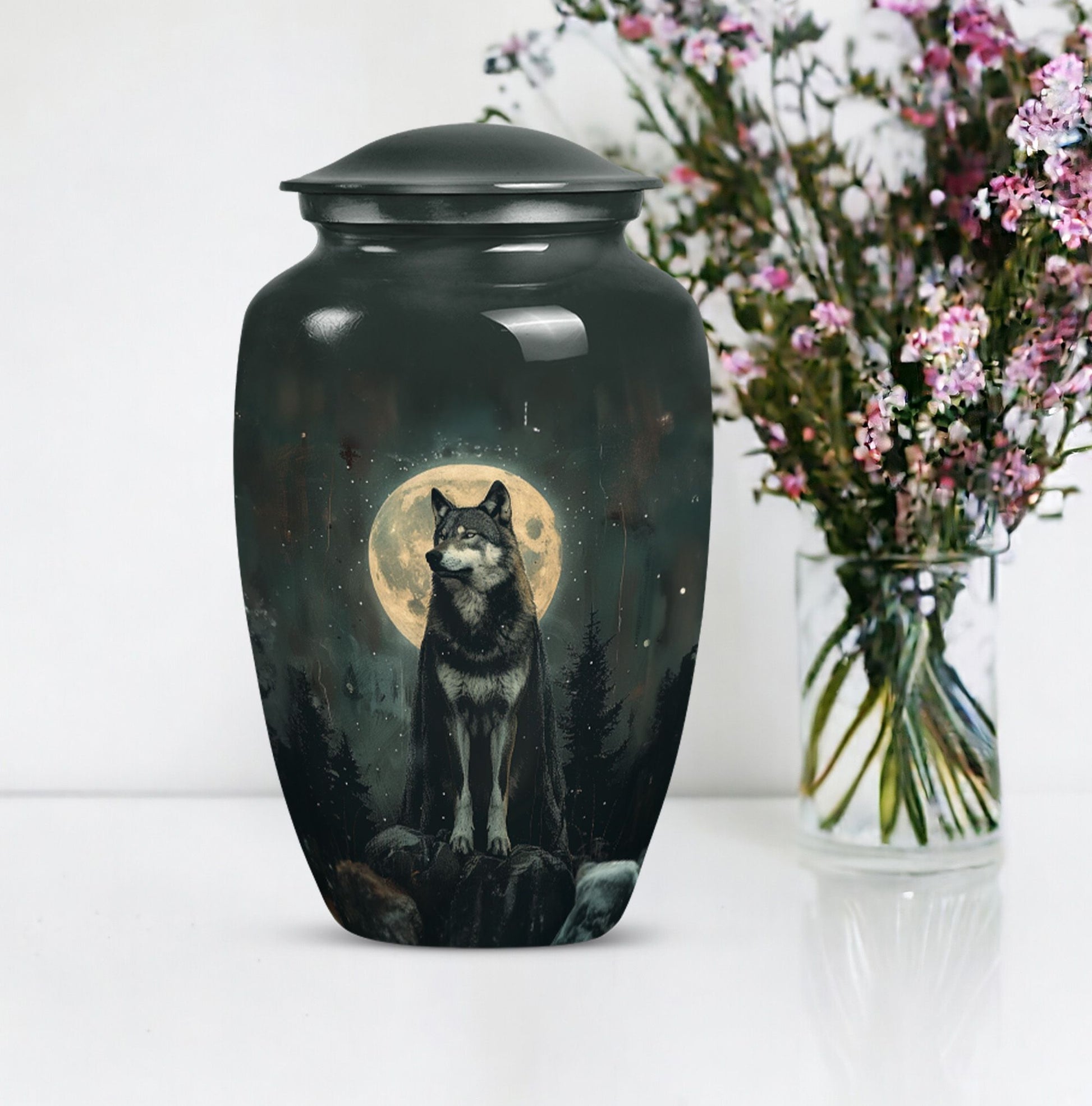 wolf howling urn, memorial urn for adult female