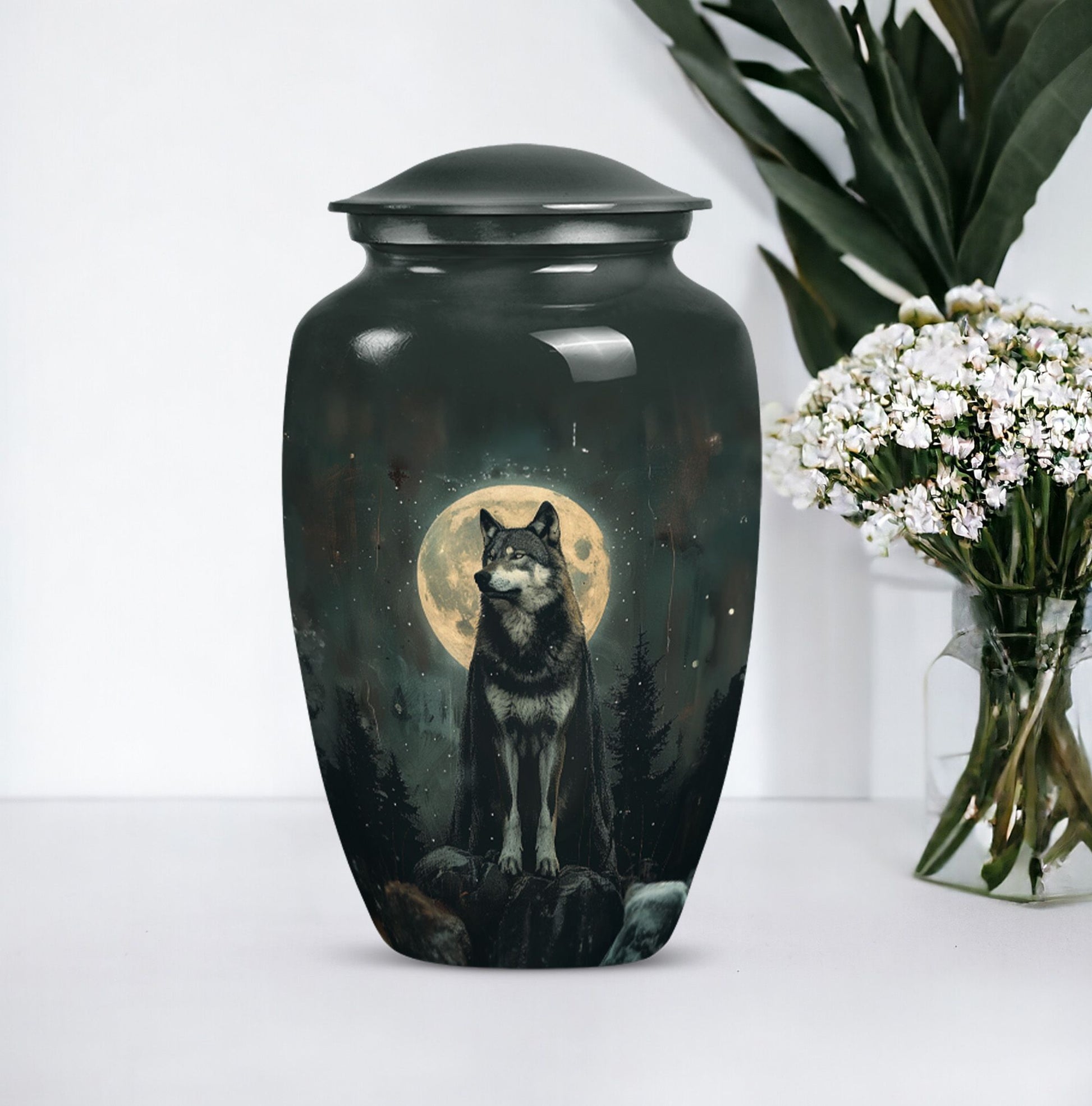 wolf howling urn, memorial urn for adult female