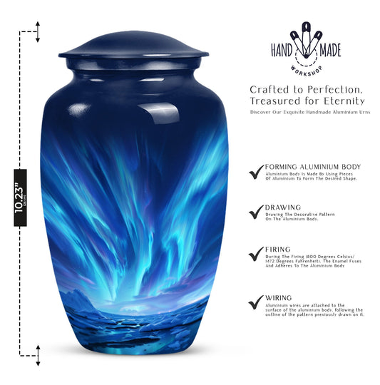 Large Aurora Borealis funeral urn with butterfly design,