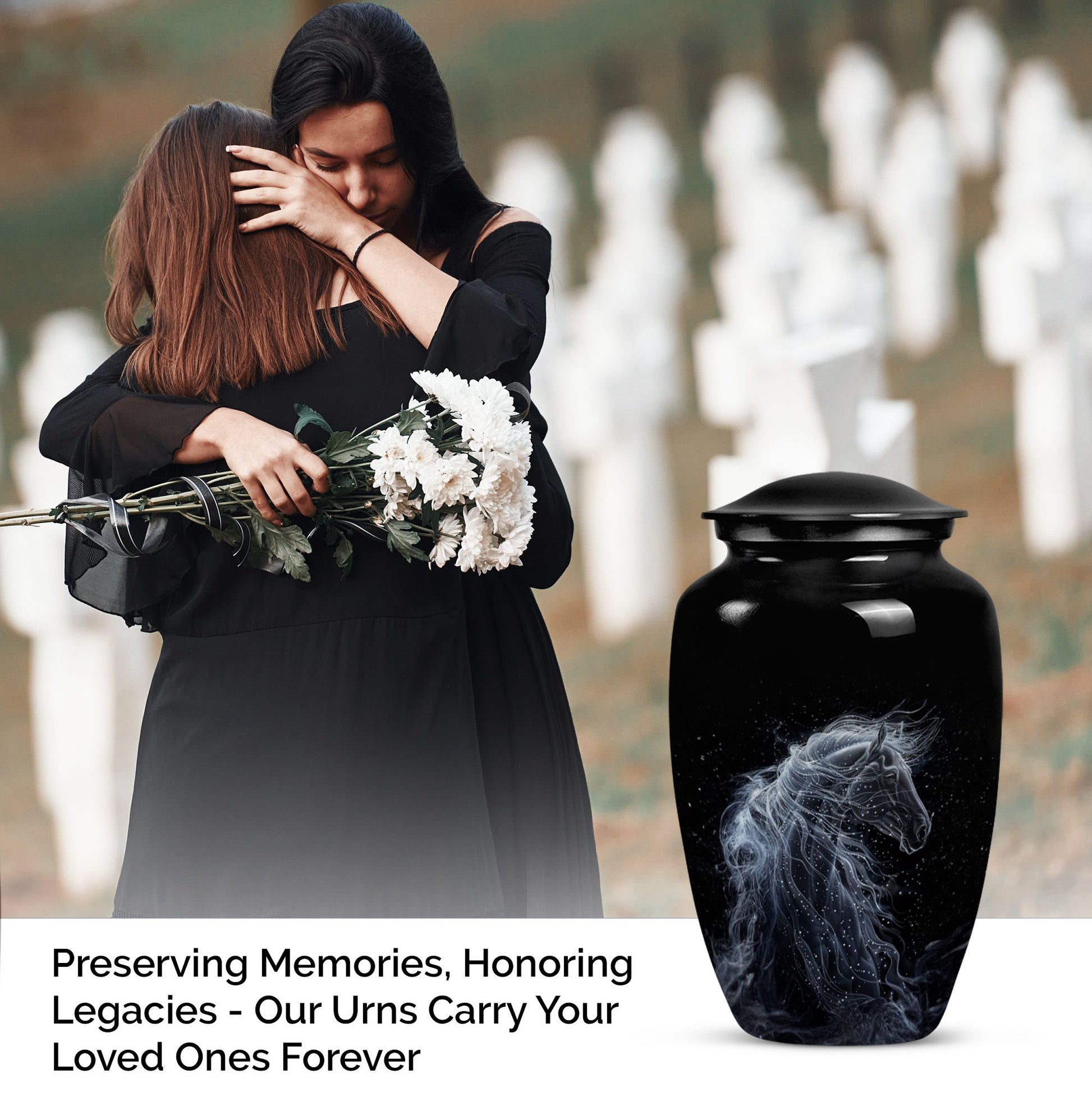 10-inch horse-themed, classic design funeral urn for ashes.