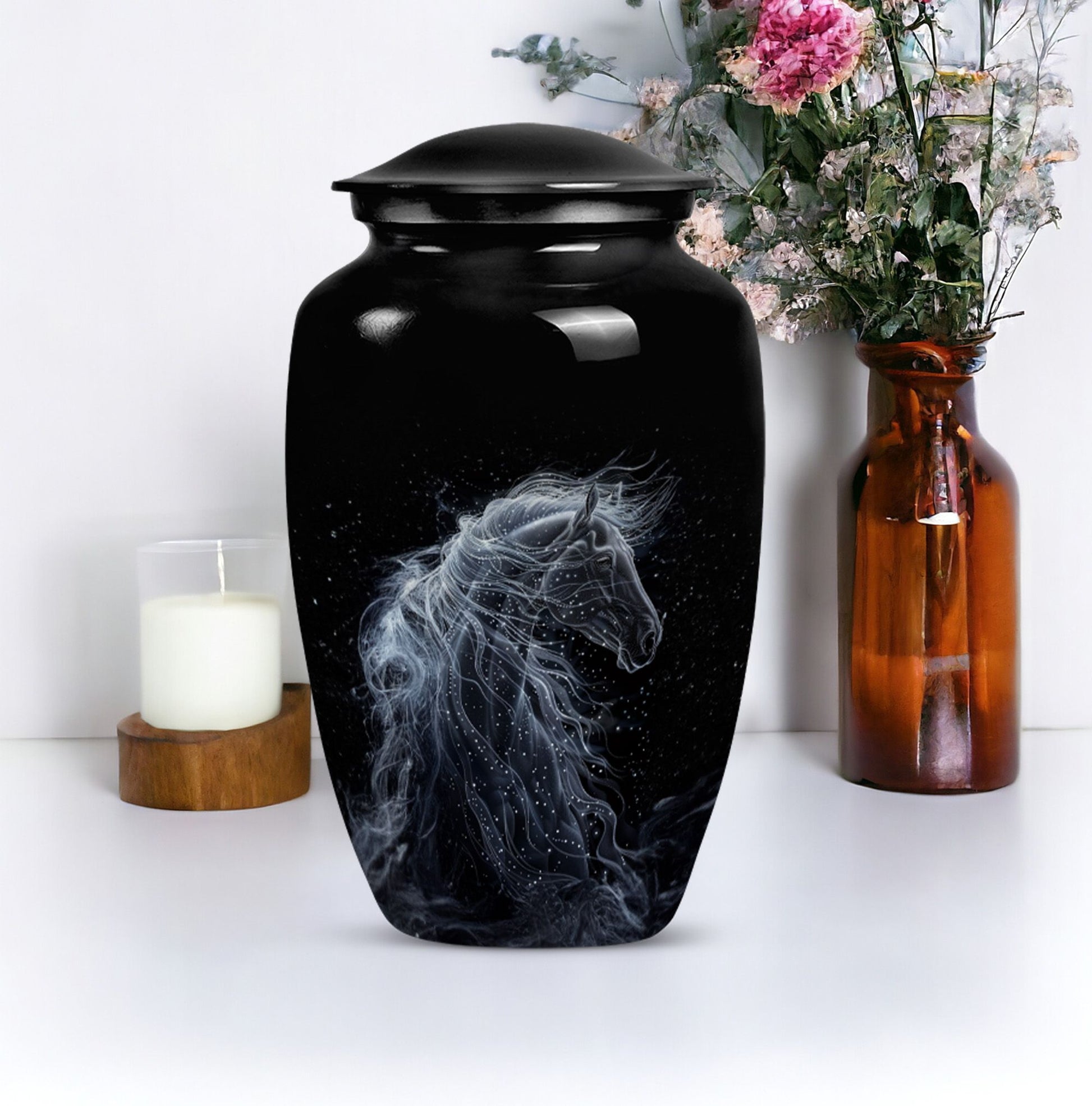 10-inch horse-themed, classic design funeral urn for ashes.