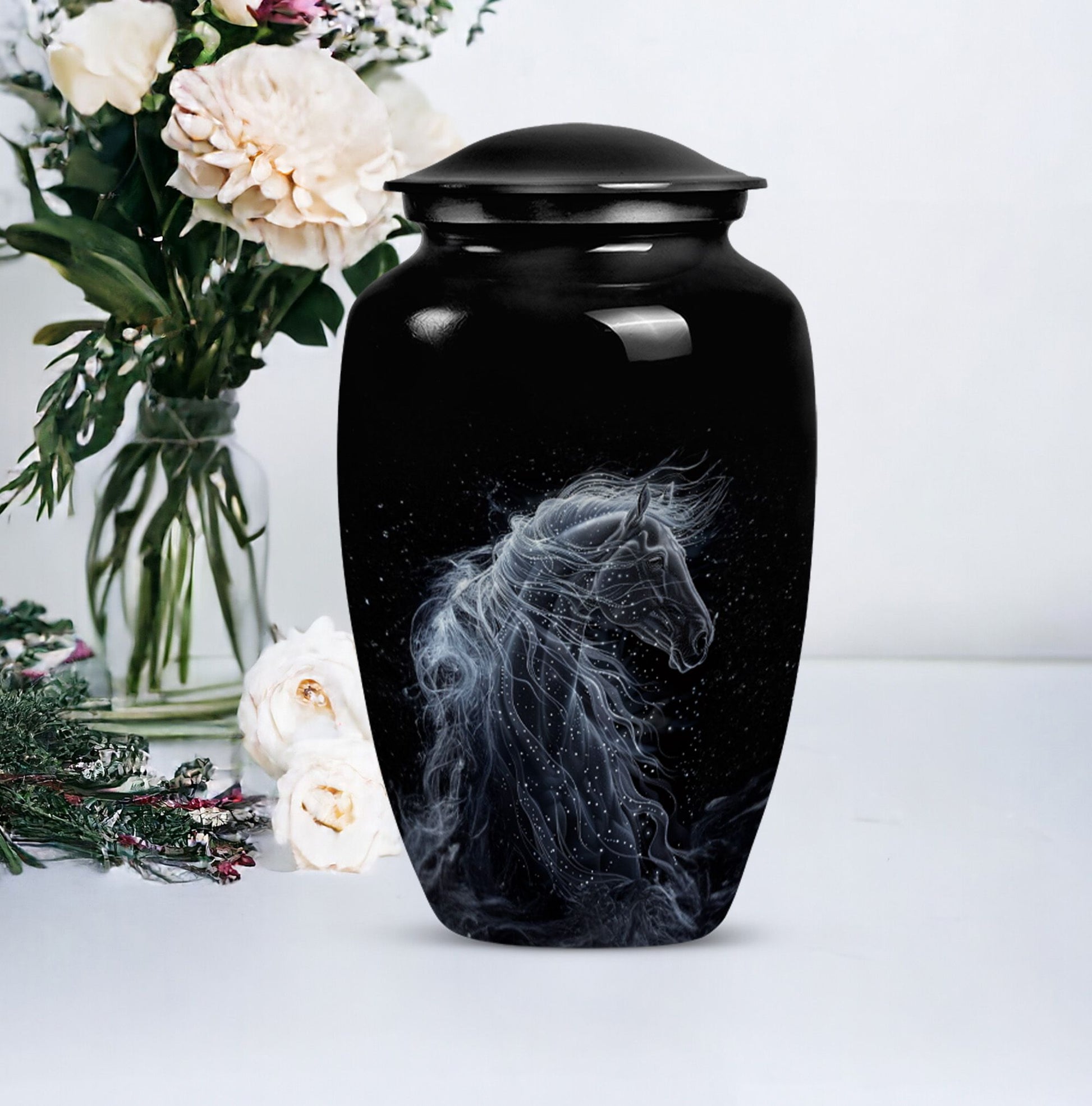 10-inch horse-themed, classic design funeral urn for ashes.