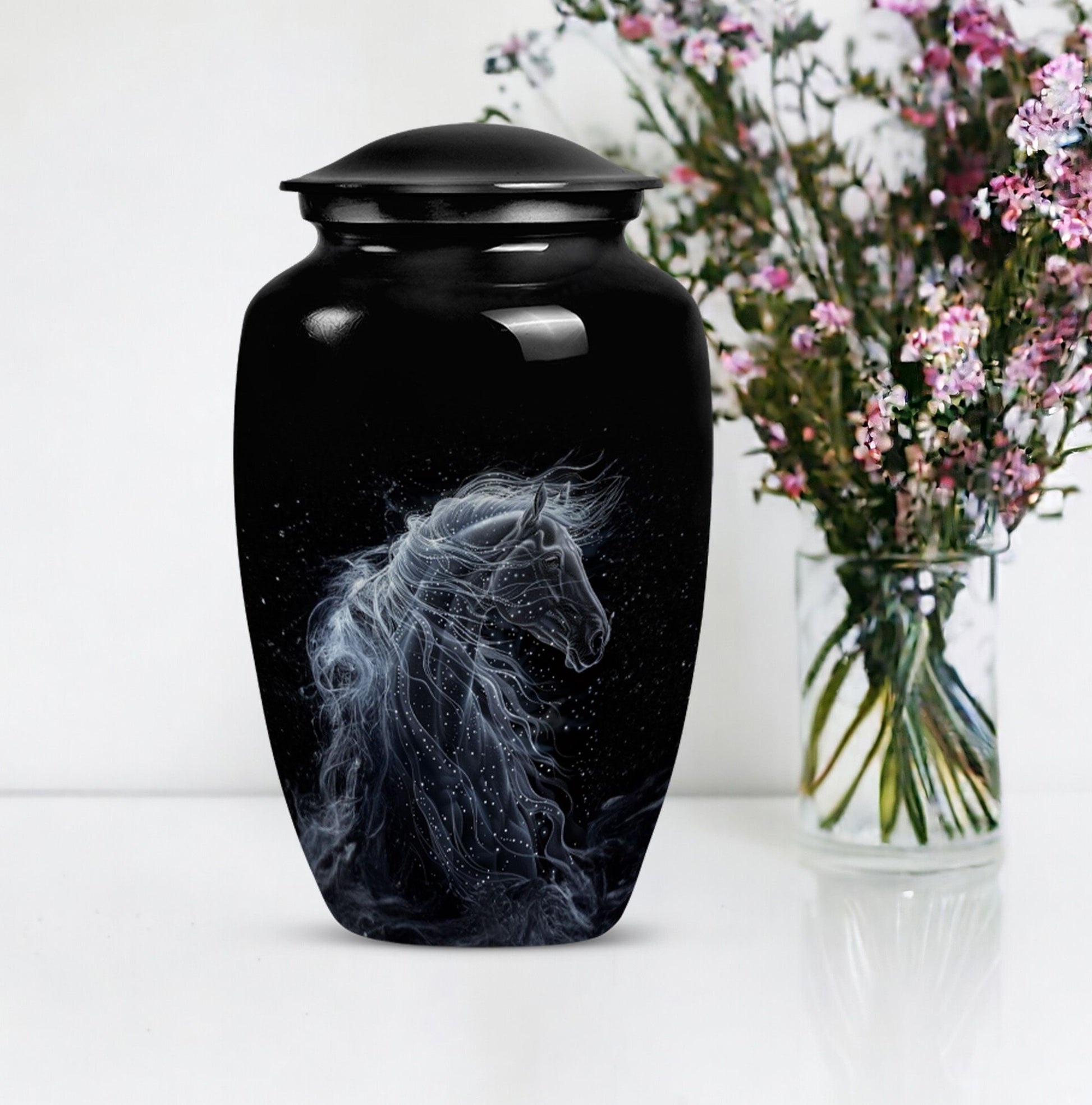 10-inch horse-themed, classic design funeral urn for ashes.