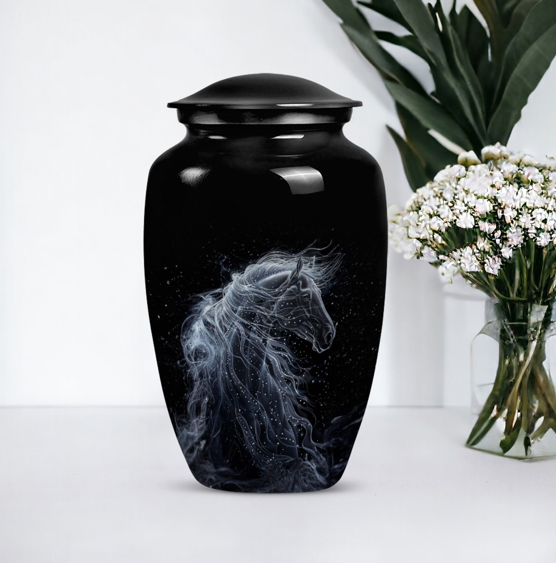 10-inch horse-themed, classic design funeral urn for ashes.