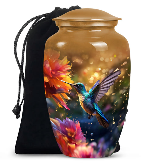 Aluminium Memorial urn adorned with humming birds design, suitable for adult human ashes